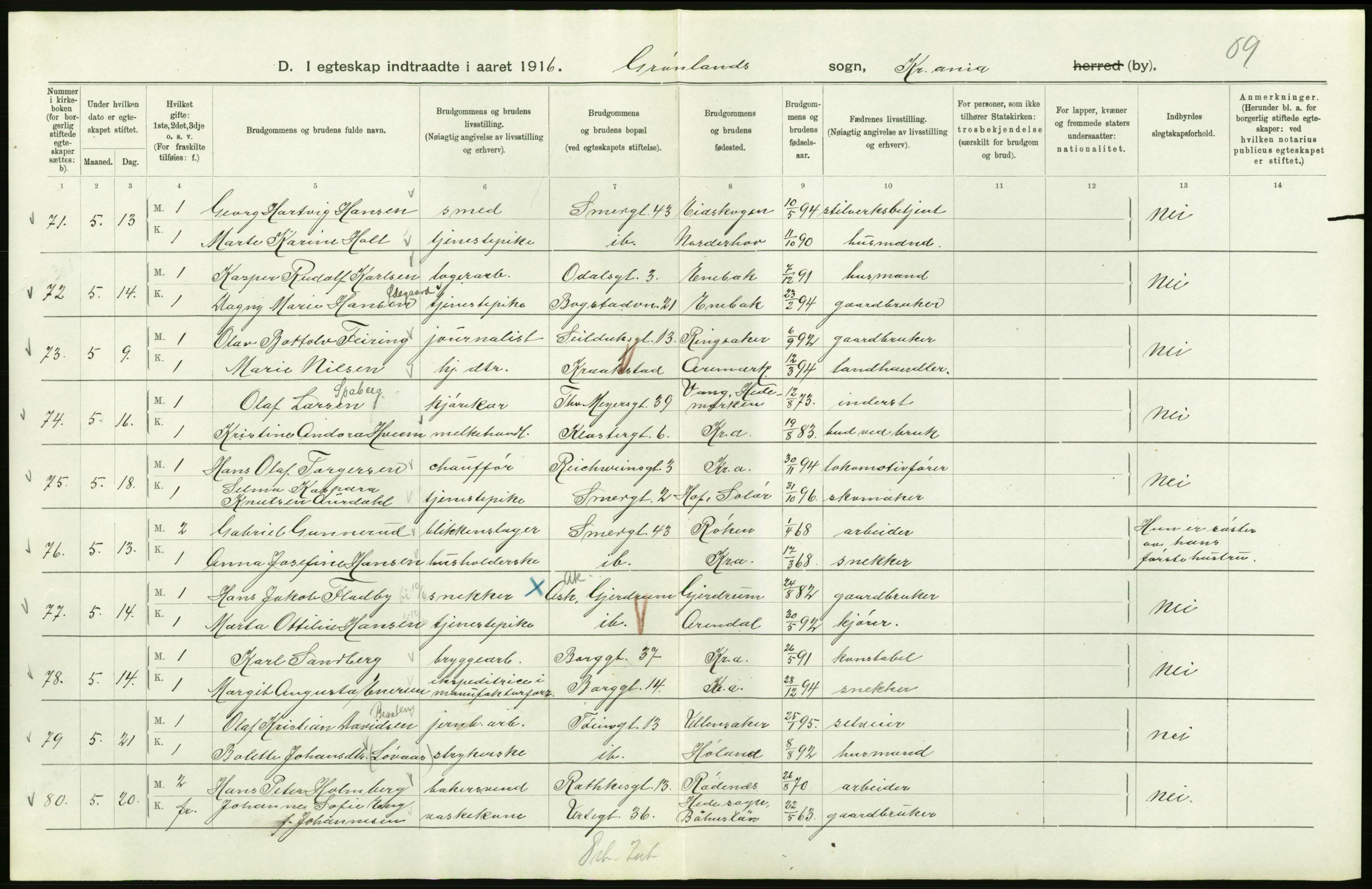 Statistisk sentralbyrå, Sosiodemografiske emner, Befolkning, AV/RA-S-2228/D/Df/Dfb/Dfbf/L0008: Kristiania: Gifte, 1916, s. 558