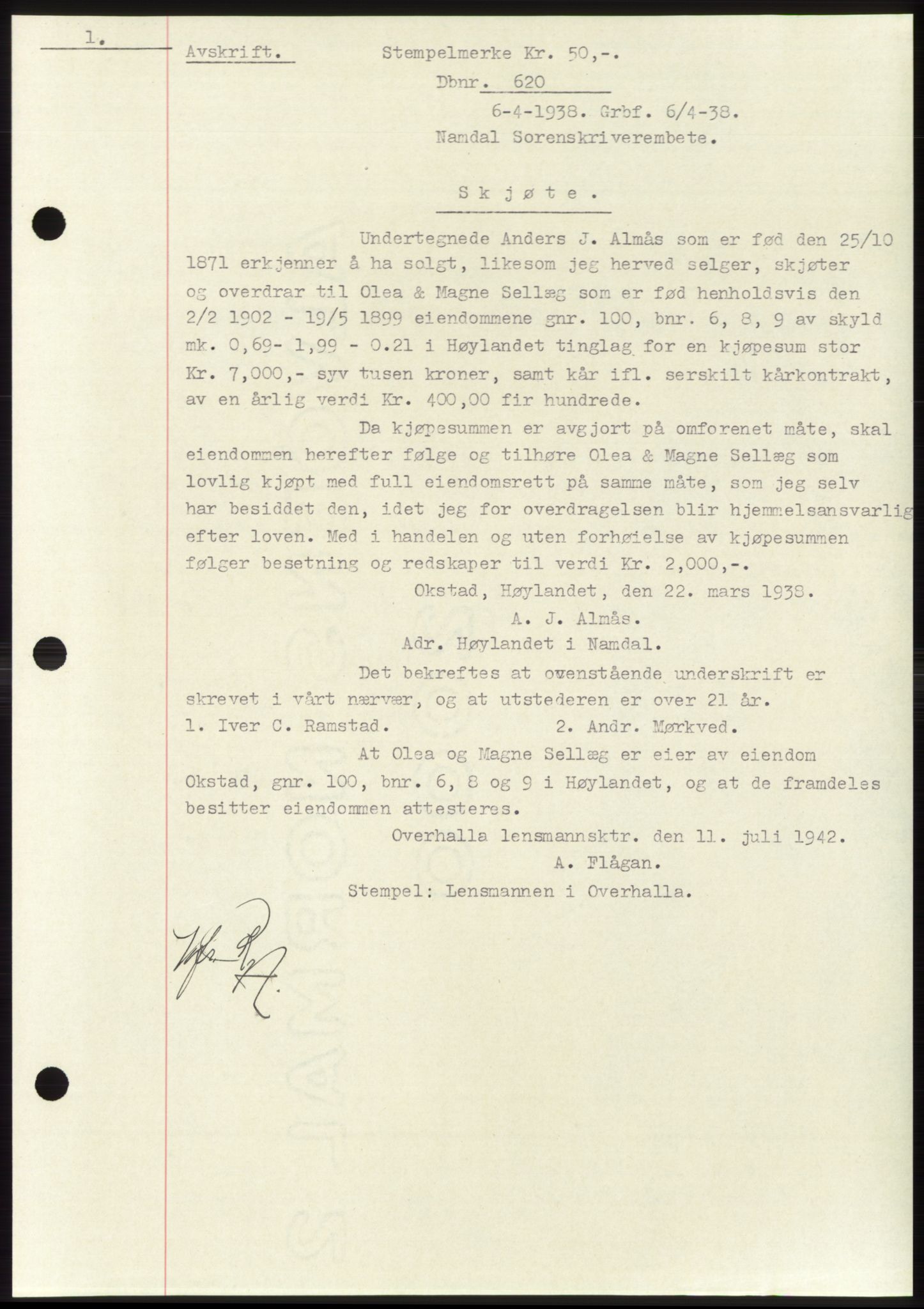Namdal sorenskriveri, SAT/A-4133/1/2/2C: Pantebok nr. -, 1937-1939, Tingl.dato: 06.04.1938
