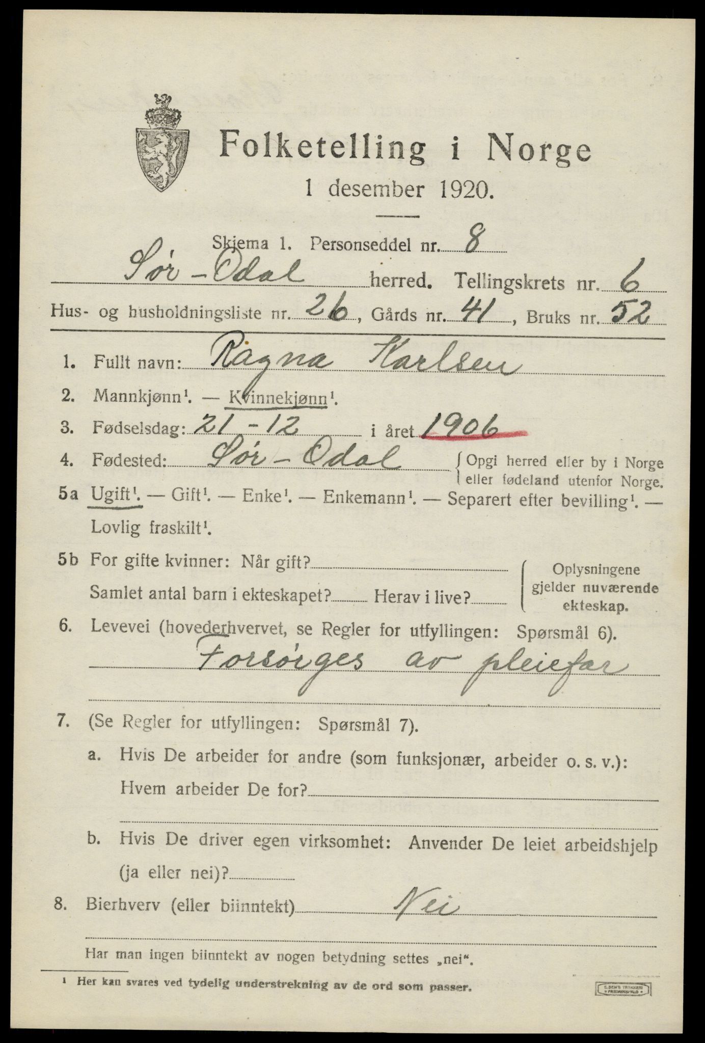 SAH, Folketelling 1920 for 0419 Sør-Odal herred, 1920, s. 7083