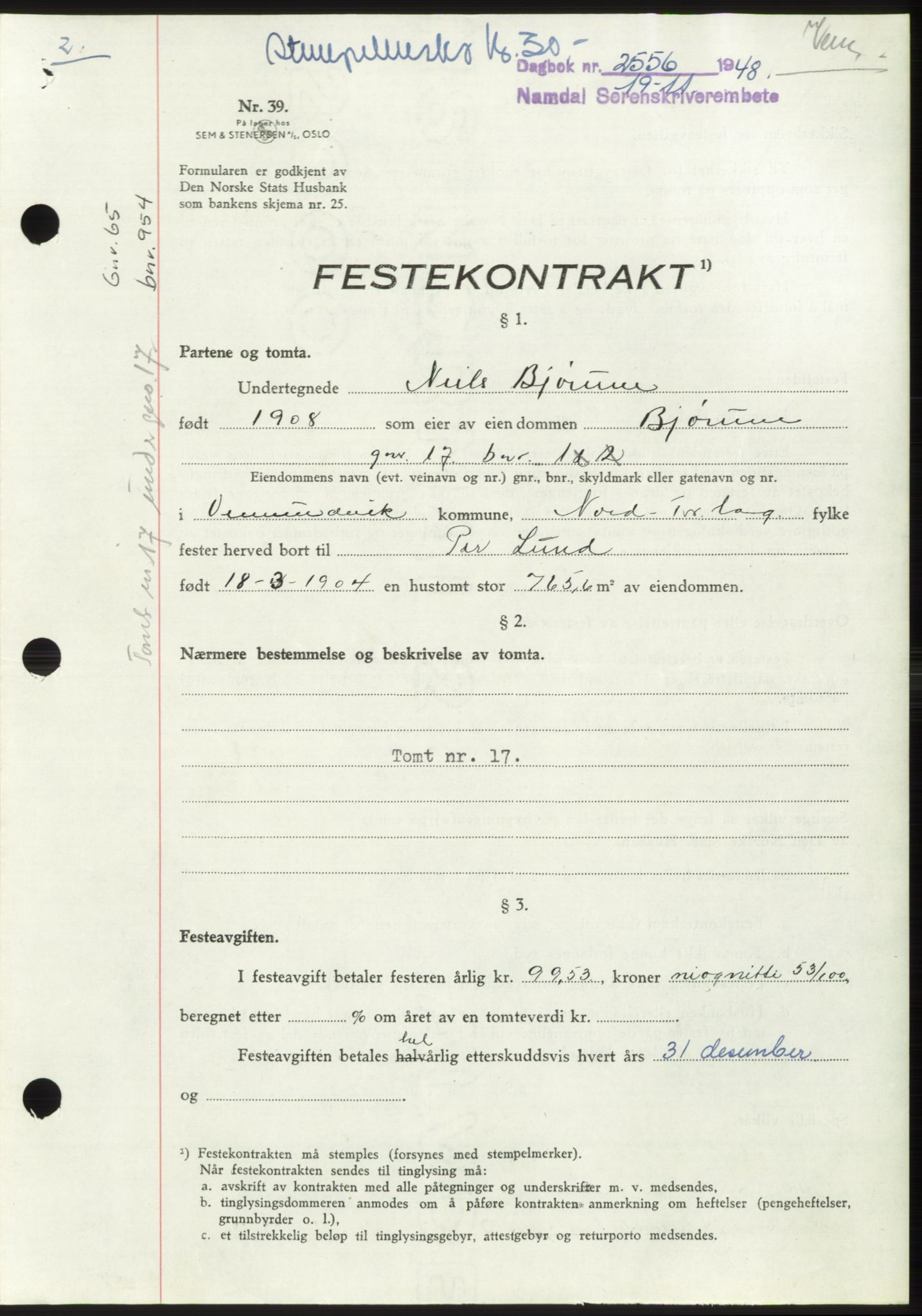 Namdal sorenskriveri, SAT/A-4133/1/2/2C: Pantebok nr. -, 1948-1948, Dagboknr: 2556/1948