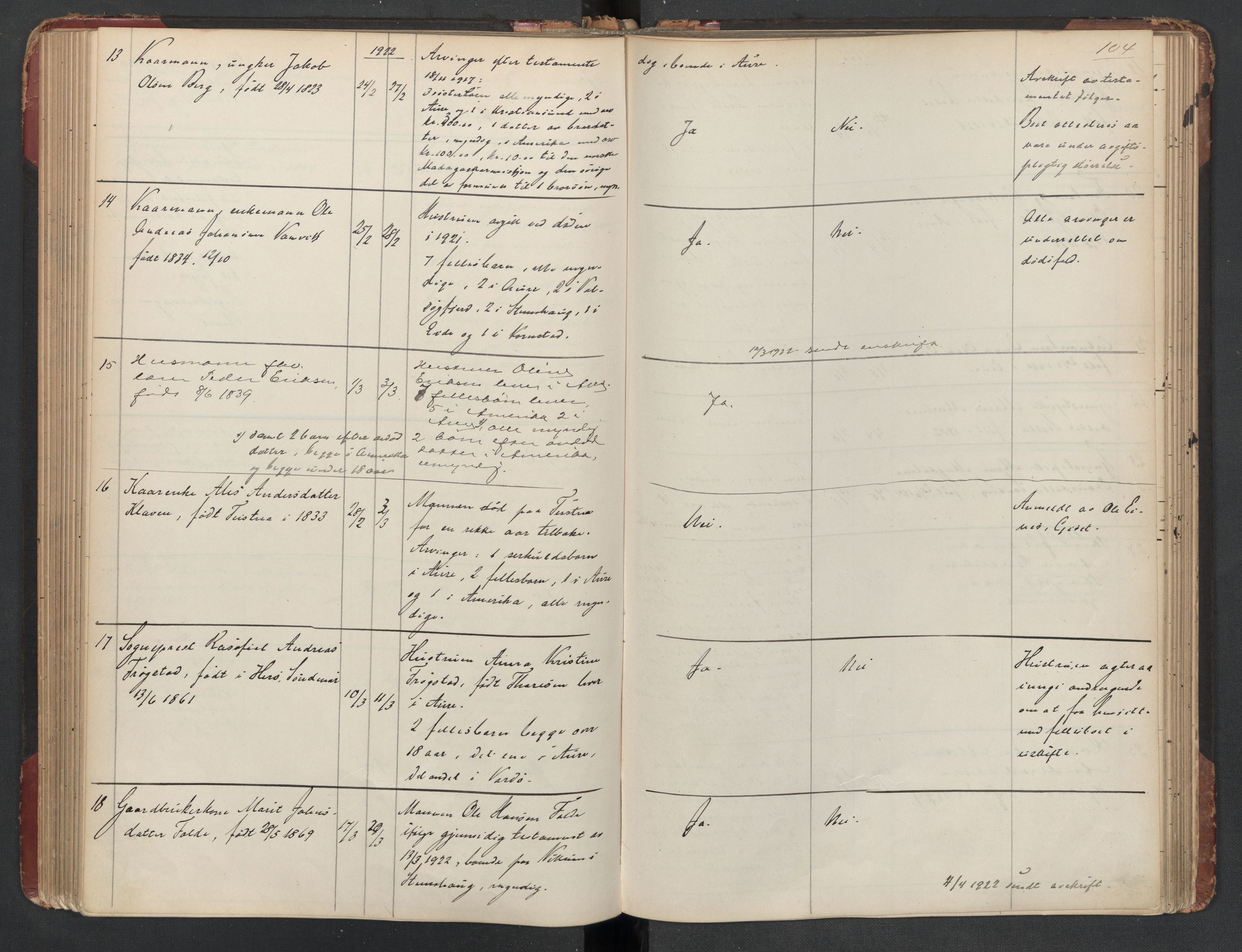 Aure lensmannskontor, SAT/A-1088/1/02/L0003: 2.01.03 Dødsfallsprotokoll, 1906-1926, s. 104