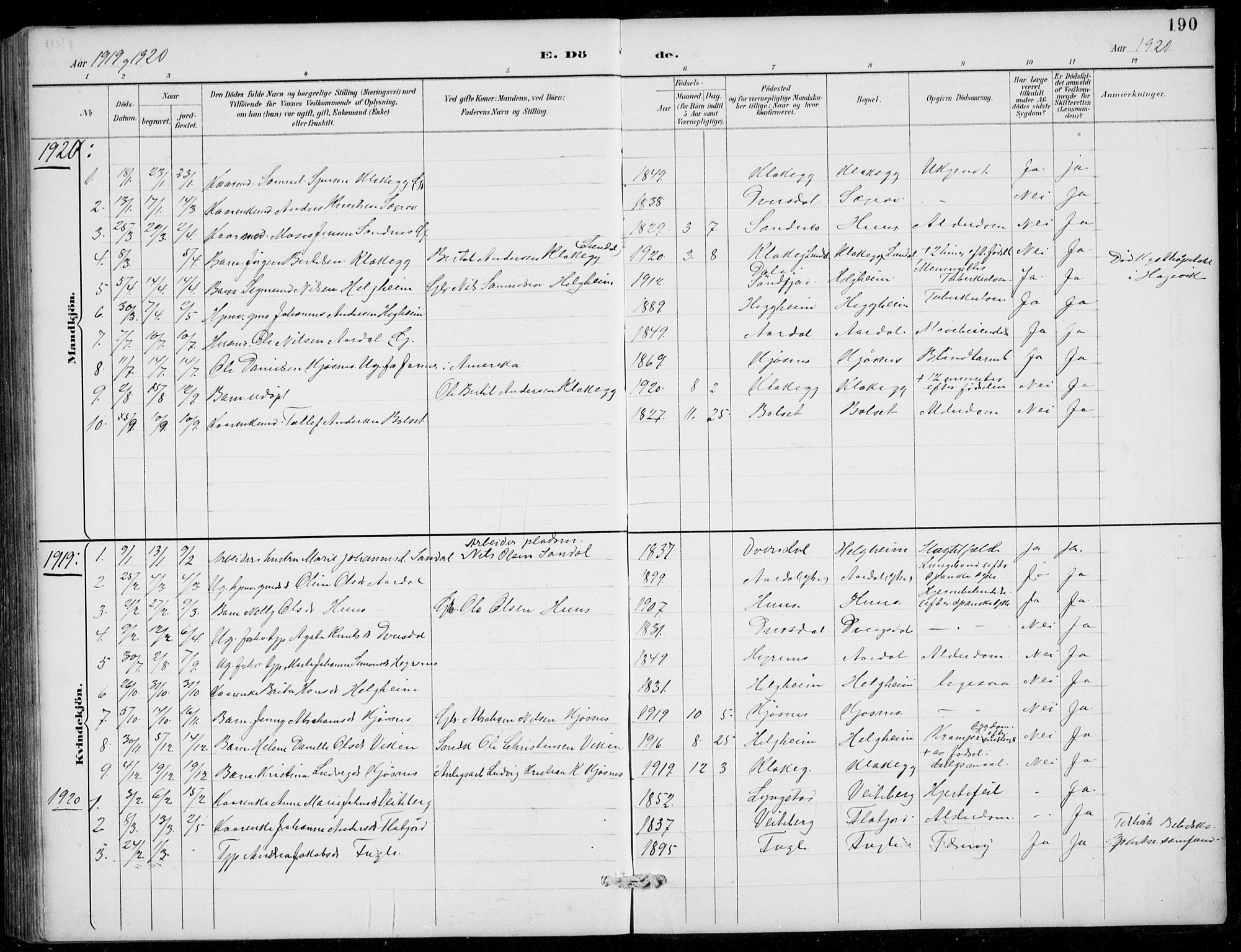 Jølster sokneprestembete, AV/SAB-A-80701/H/Hab/Habb/L0002: Klokkerbok nr. B 2, 1887-1920, s. 190