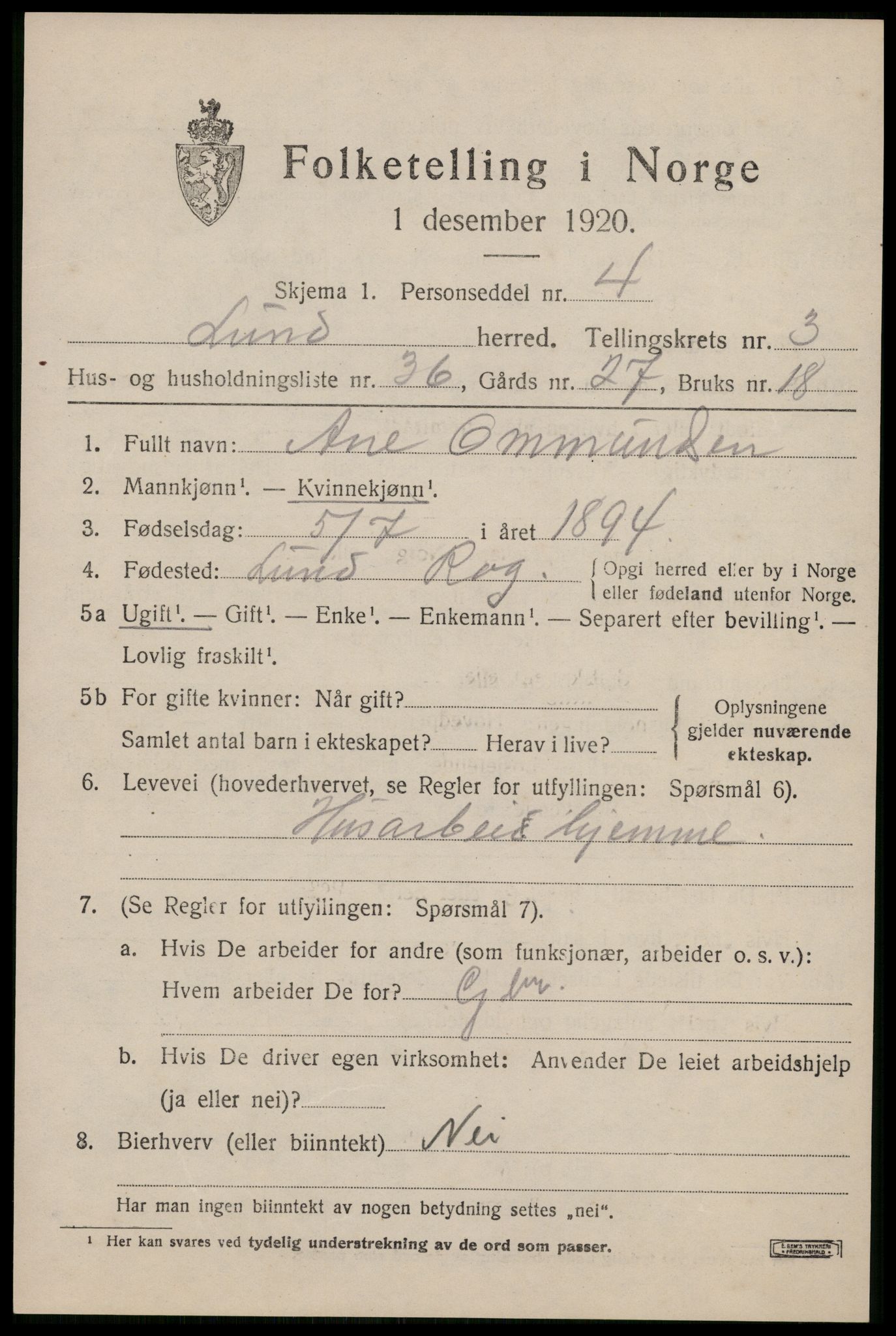 SAST, Folketelling 1920 for 1112 Lund herred, 1920, s. 1714