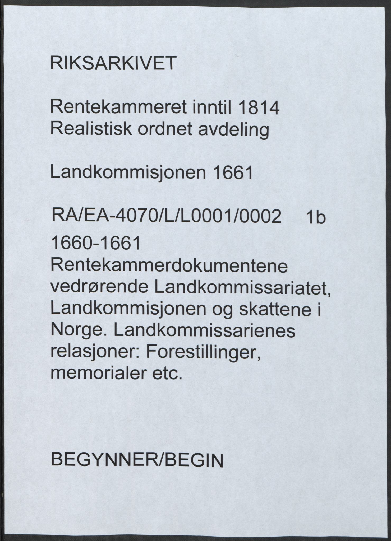 Rentekammeret inntil 1814, Realistisk ordnet avdeling, RA/EA-4070/L/L0001/0002: Rentekammerdokumentene vedrørende Landkommissariatet, Landkommisjonen og skattene i Norge. Landkommissarienes relasjoner: / Forestillinger, memorialer etc., 1660-1661