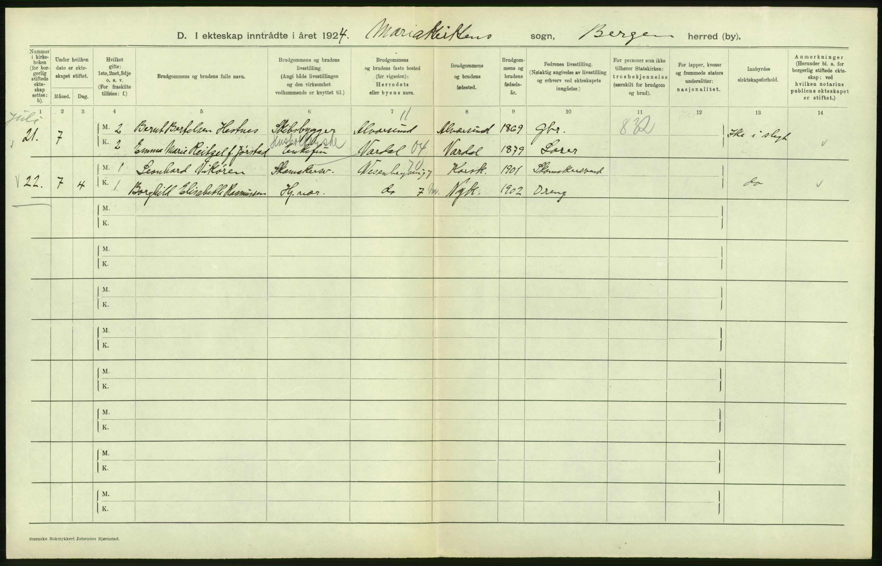 Statistisk sentralbyrå, Sosiodemografiske emner, Befolkning, RA/S-2228/D/Df/Dfc/Dfcd/L0028: Bergen: Gifte, døde., 1924, s. 182