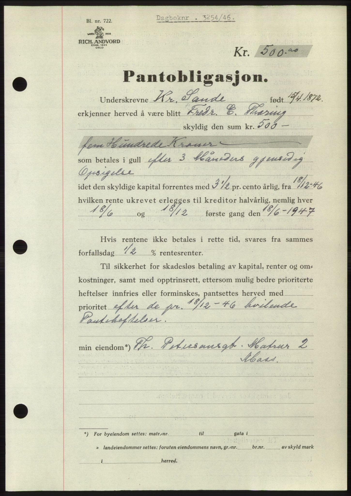 Moss sorenskriveri, SAO/A-10168: Pantebok nr. B16, 1946-1947, Dagboknr: 3254/1946