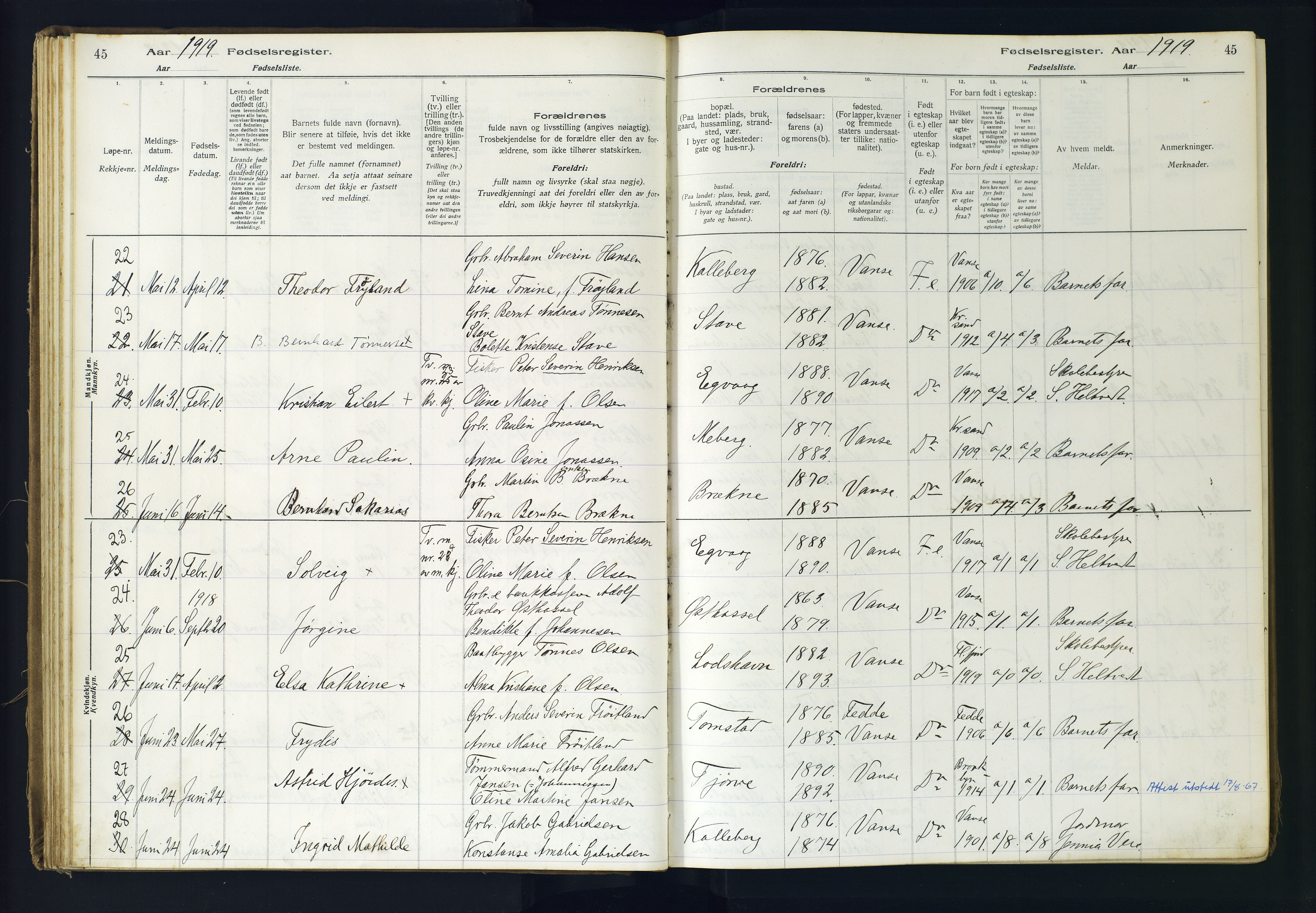 Lista sokneprestkontor, AV/SAK-1111-0027/J/Ja/L0001: Fødselsregister nr. A-VI-30, 1916-1934, s. 45