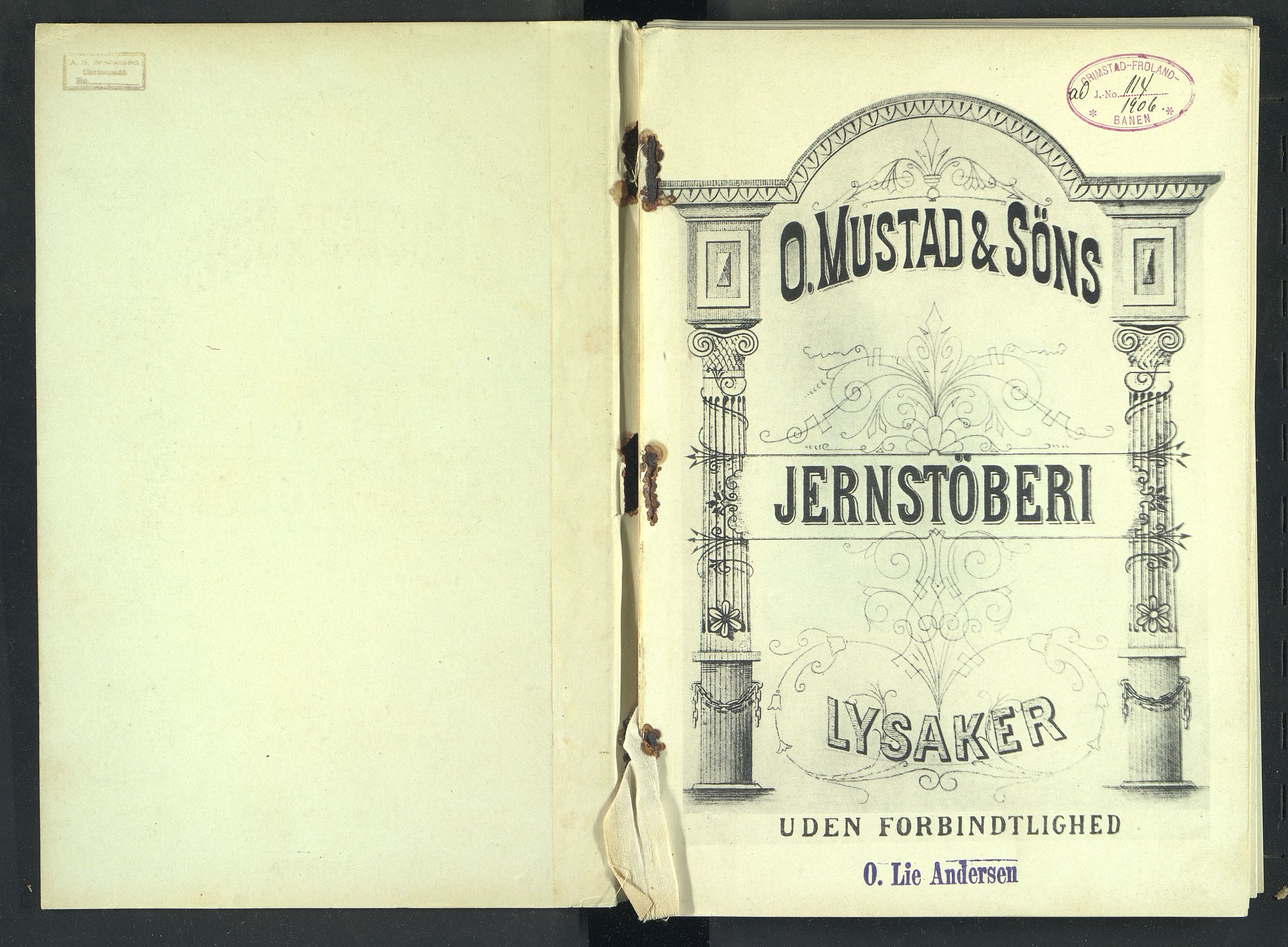 Næs Jernverksmuseets samling av historiske ovnskataloger, NESJ/NJM-006/01/L0030: O. Mustad & Söns Jernstøberi, Lysaker Uden Forbindtlighed, uten år, 1850-1920