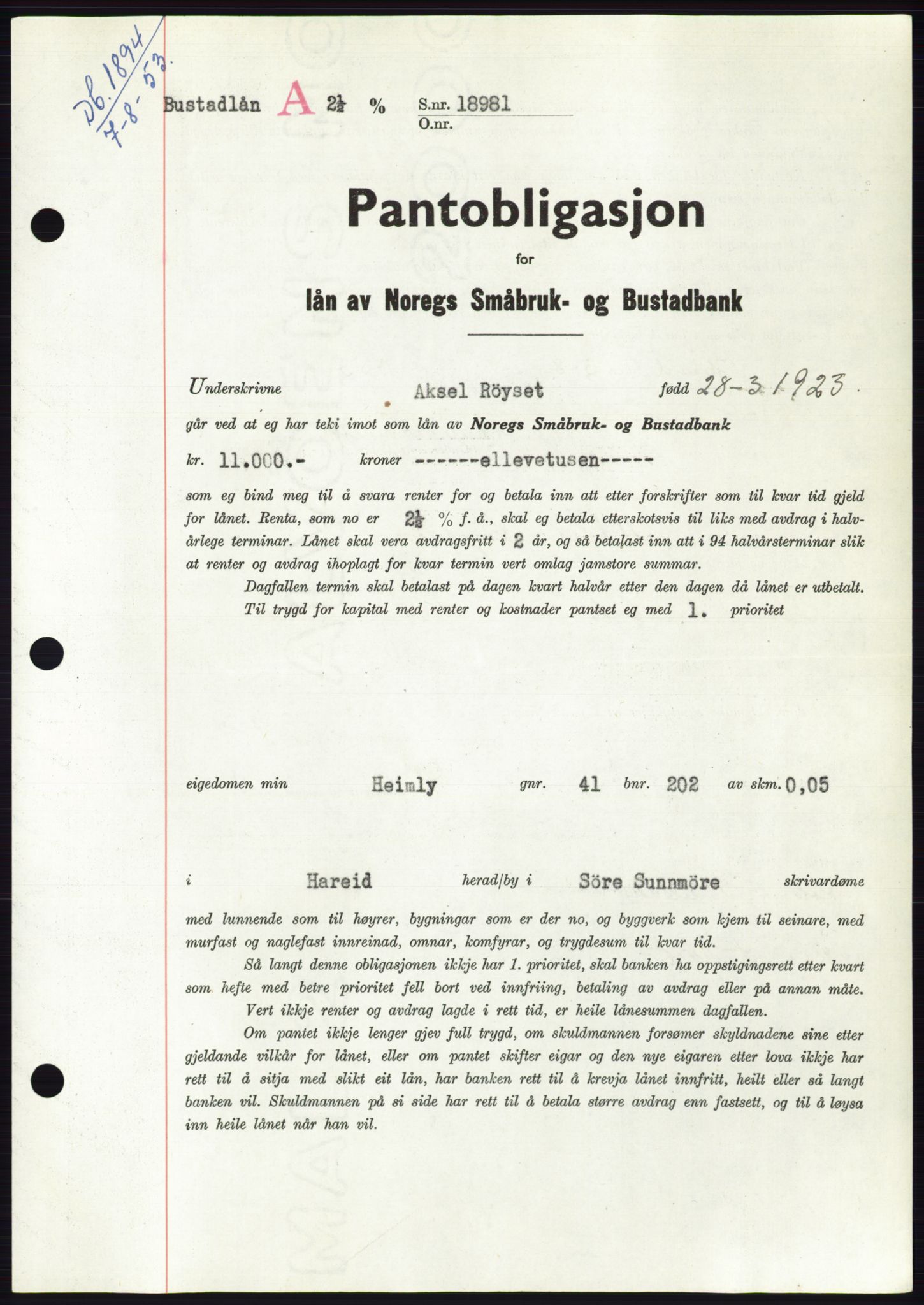 Søre Sunnmøre sorenskriveri, SAT/A-4122/1/2/2C/L0123: Pantebok nr. 11B, 1953-1953, Dagboknr: 1894/1953