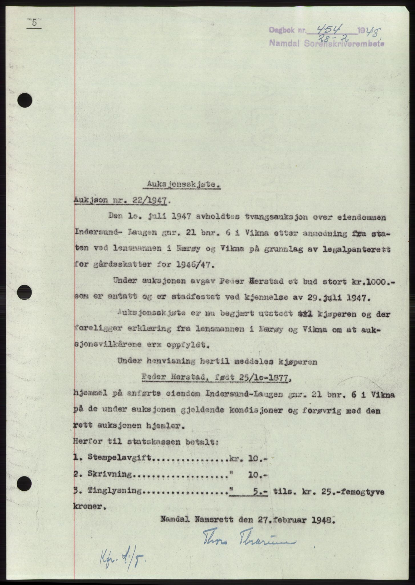 Namdal sorenskriveri, SAT/A-4133/1/2/2C: Pantebok nr. -, 1947-1948, Dagboknr: 454/1948