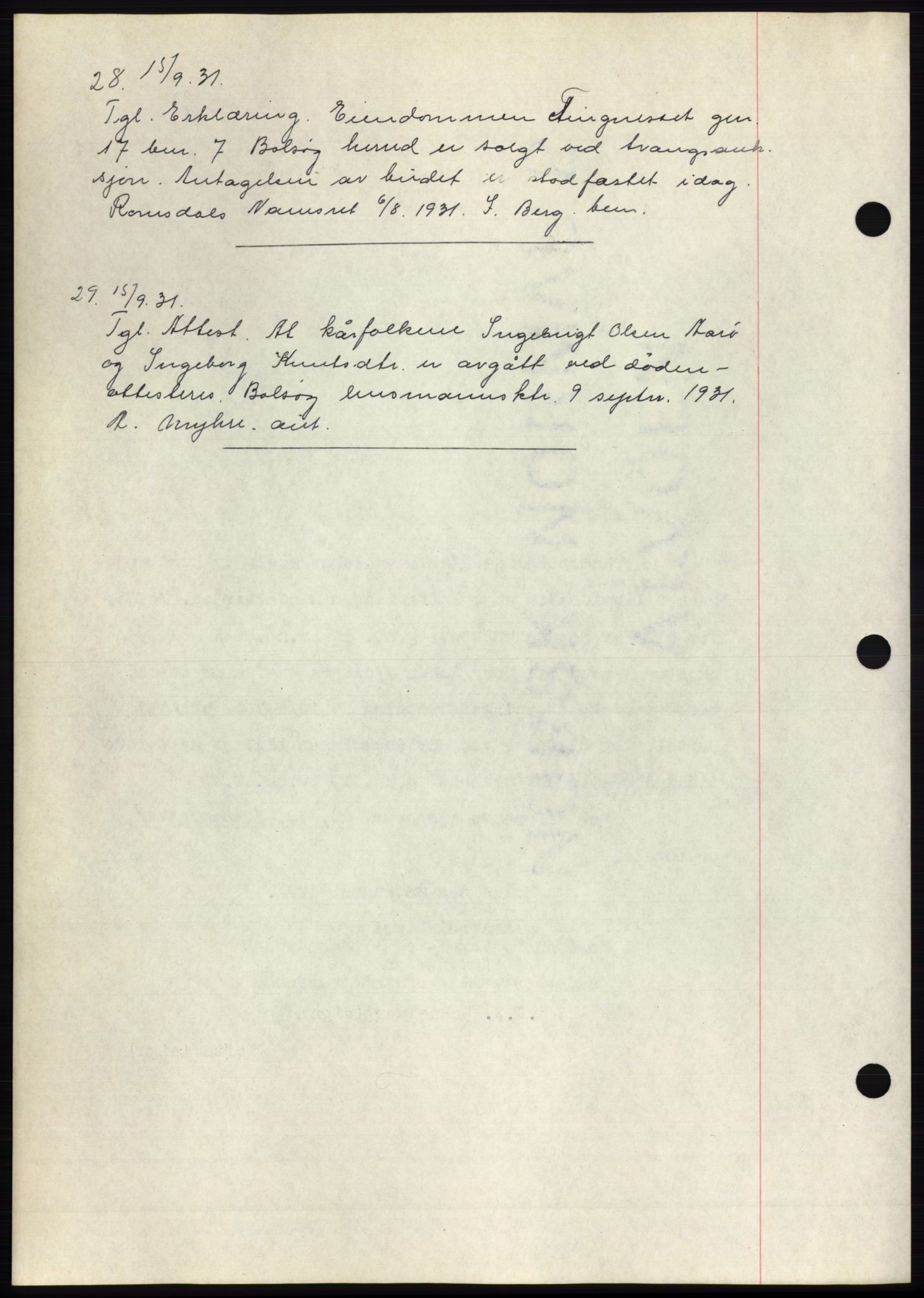 Romsdal sorenskriveri, AV/SAT-A-4149/1/2/2C/L0060: Pantebok nr. 54, 1931-1932, Tingl.dato: 15.09.1931