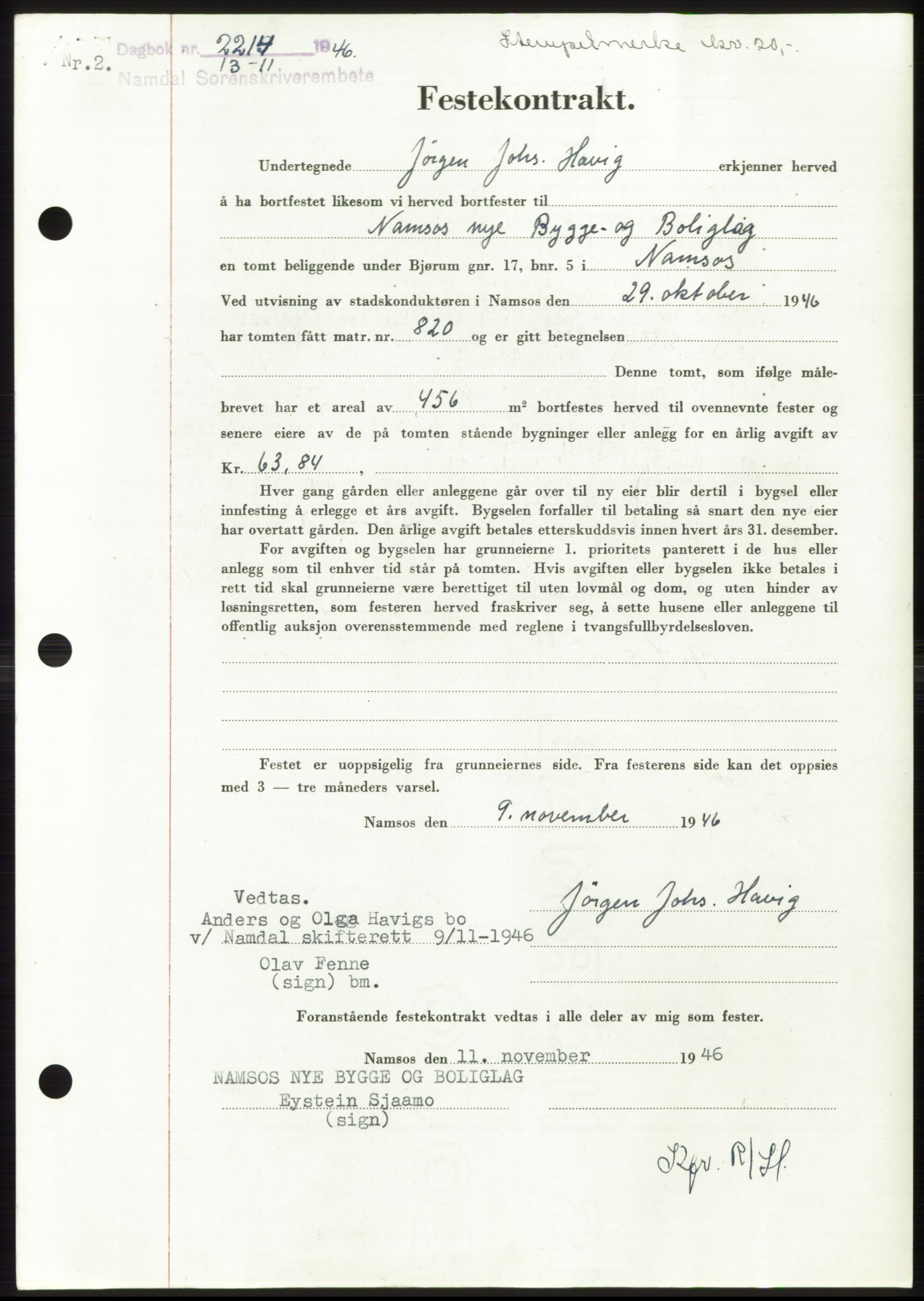 Namdal sorenskriveri, SAT/A-4133/1/2/2C: Pantebok nr. -, 1946-1947, Dagboknr: 2214/1946