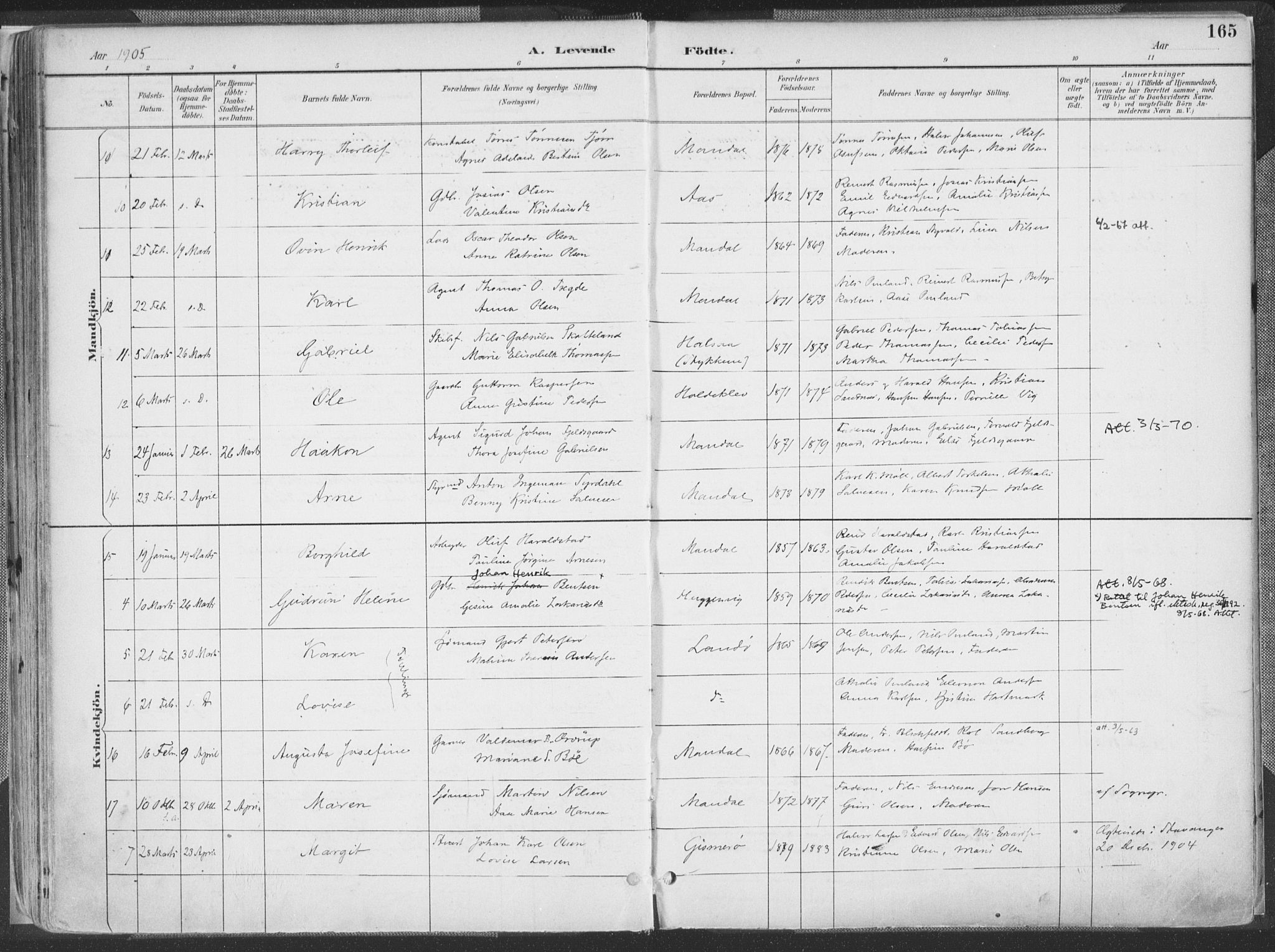 Mandal sokneprestkontor, SAK/1111-0030/F/Fa/Faa/L0018: Ministerialbok nr. A 18, 1890-1905, s. 165