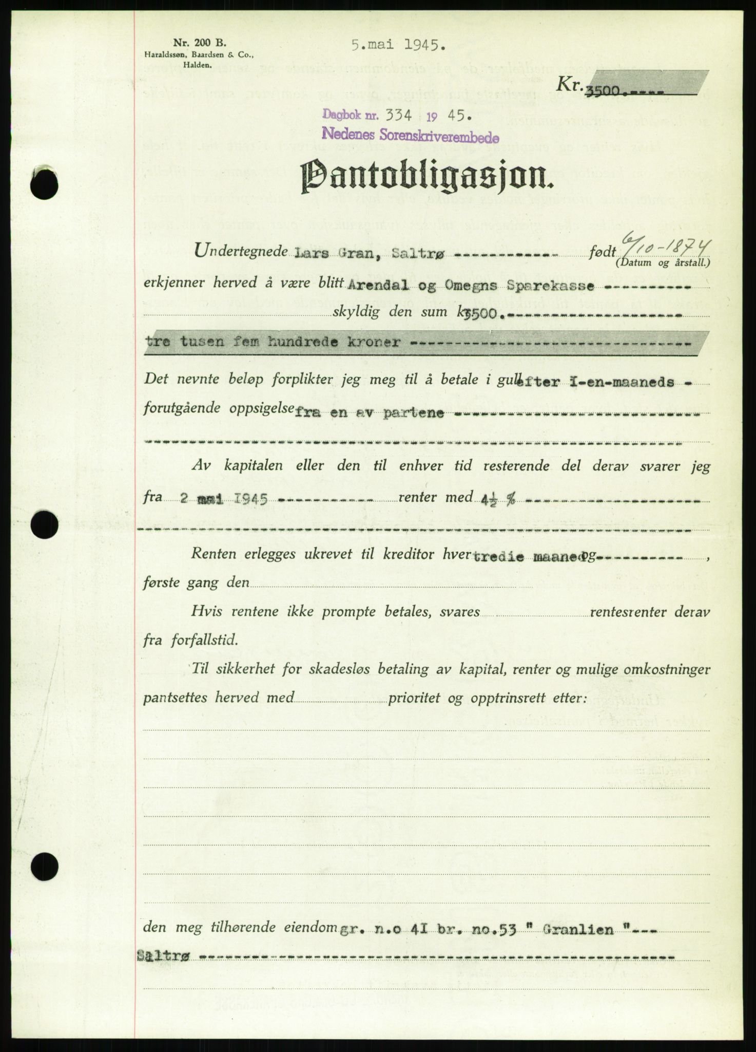 Nedenes sorenskriveri, SAK/1221-0006/G/Gb/Gbb/L0002: Pantebok nr. II, 1942-1945, Dagboknr: 334/1945