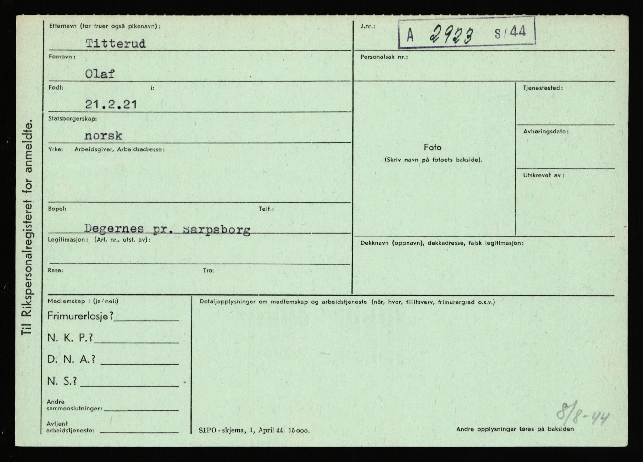 Statspolitiet - Hovedkontoret / Osloavdelingen, AV/RA-S-1329/C/Ca/L0015: Svea - Tøsse, 1943-1945, s. 3236