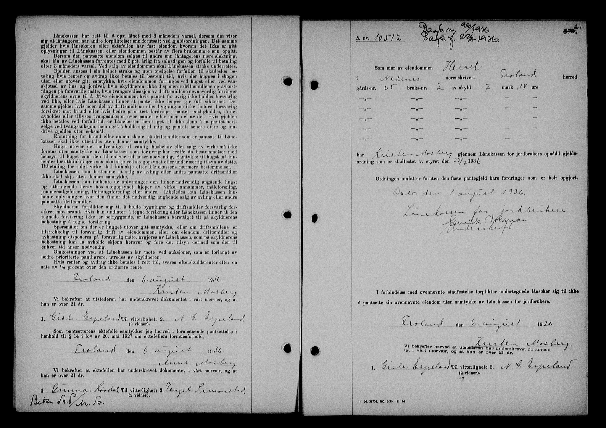 Nedenes sorenskriveri, AV/SAK-1221-0006/G/Gb/Gba/L0043: Pantebok nr. 39, 1936-1937, Dagboknr: 916/1936