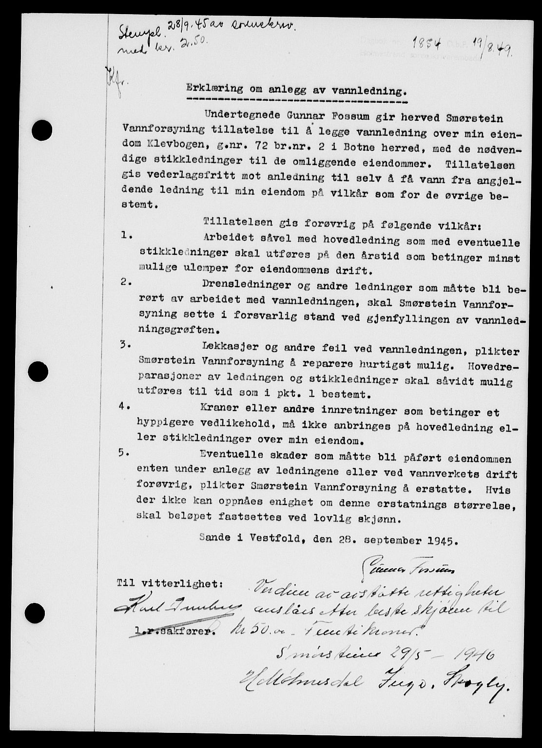 Holmestrand sorenskriveri, SAKO/A-67/G/Ga/Gaa/L0067: Pantebok nr. A-67, 1949-1949, Dagboknr: 1854/1949
