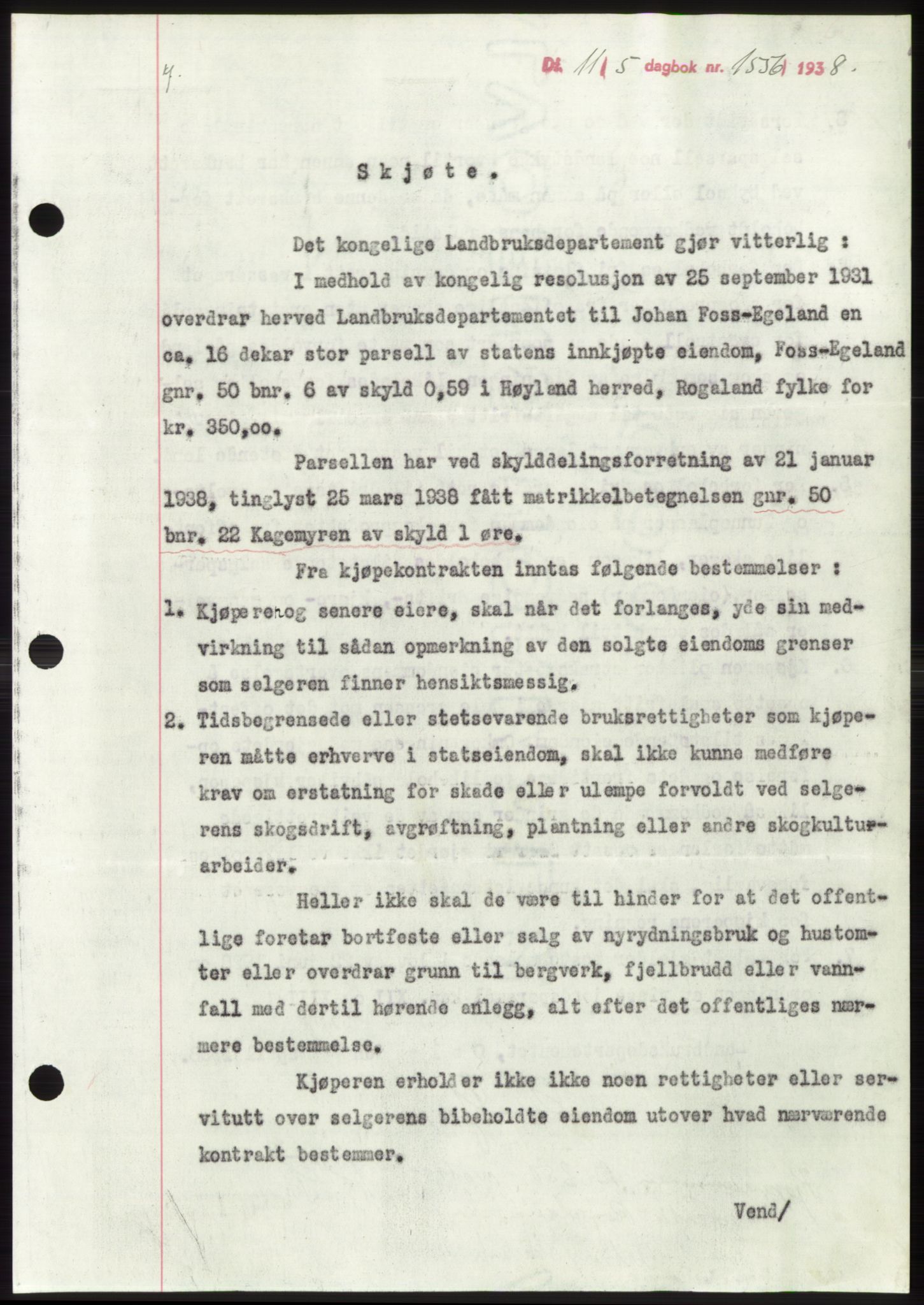 Jæren sorenskriveri, SAST/A-100310/03/G/Gba/L0071: Pantebok, 1938-1938, Dagboknr: 1556/1938