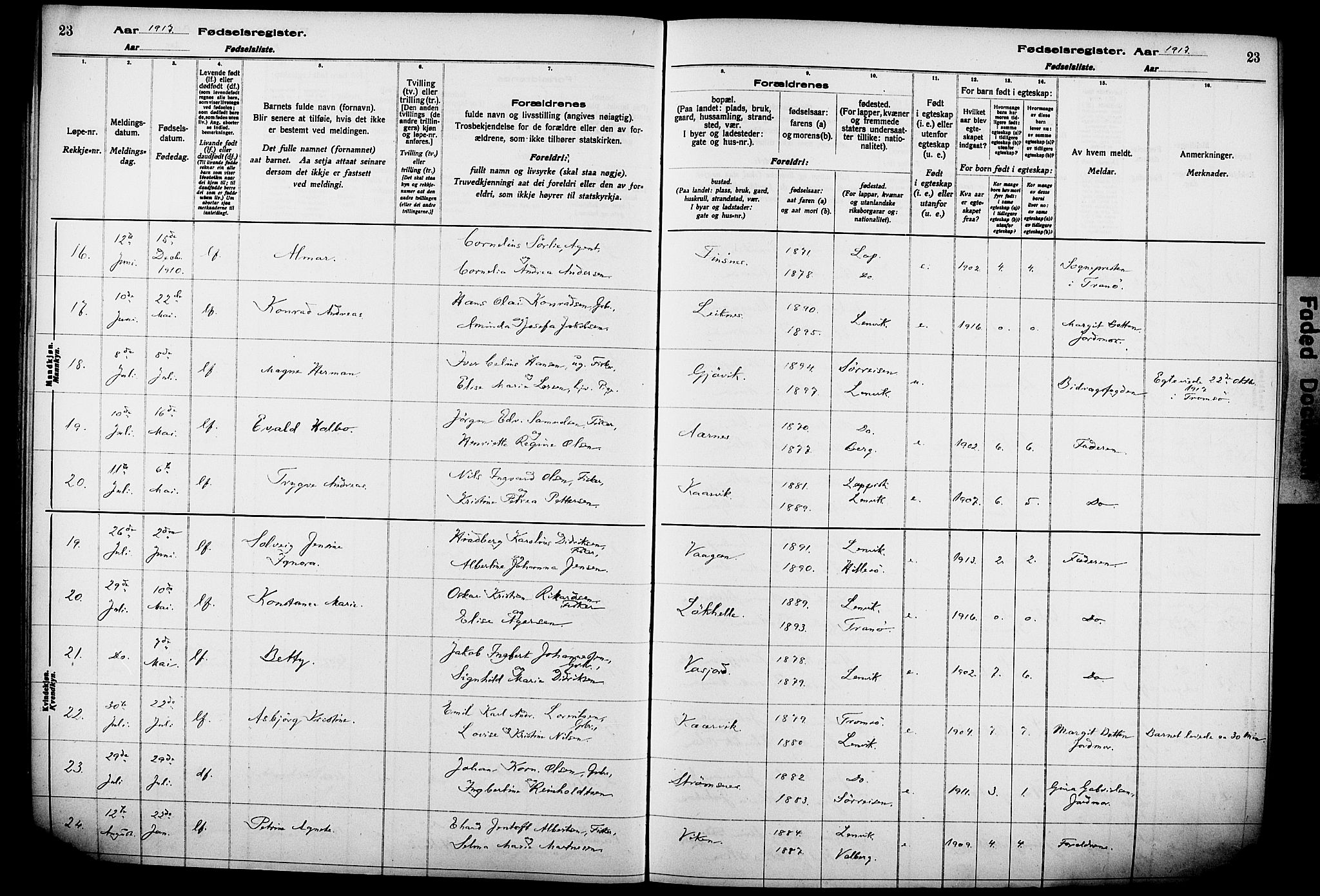 Lenvik sokneprestembete, SATØ/S-1310/I/Ic/L0089: Fødselsregister nr. 89, 1916-1926, s. 23