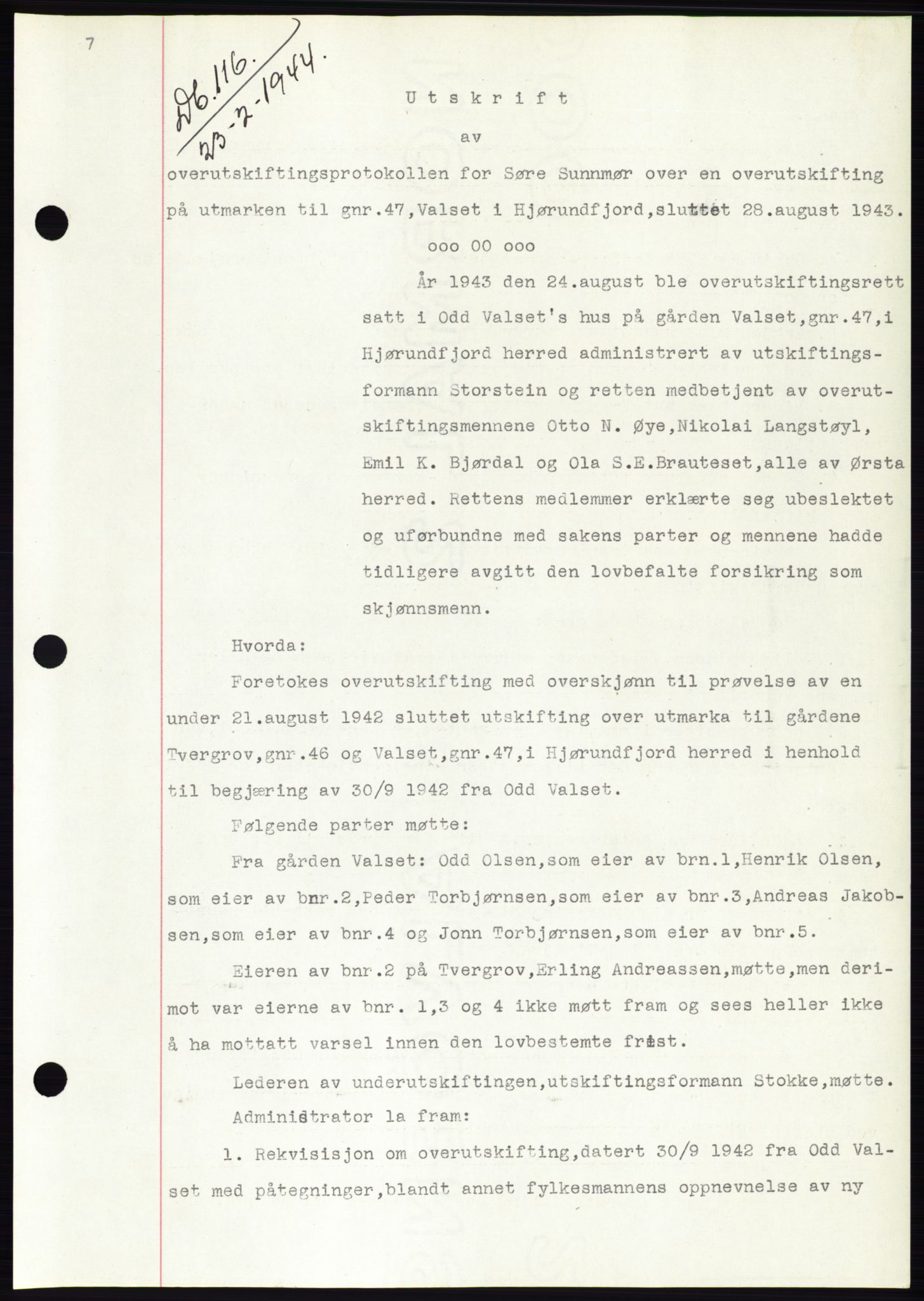 Søre Sunnmøre sorenskriveri, SAT/A-4122/1/2/2C/L0076: Pantebok nr. 2A, 1943-1944, Dagboknr: 116/1944