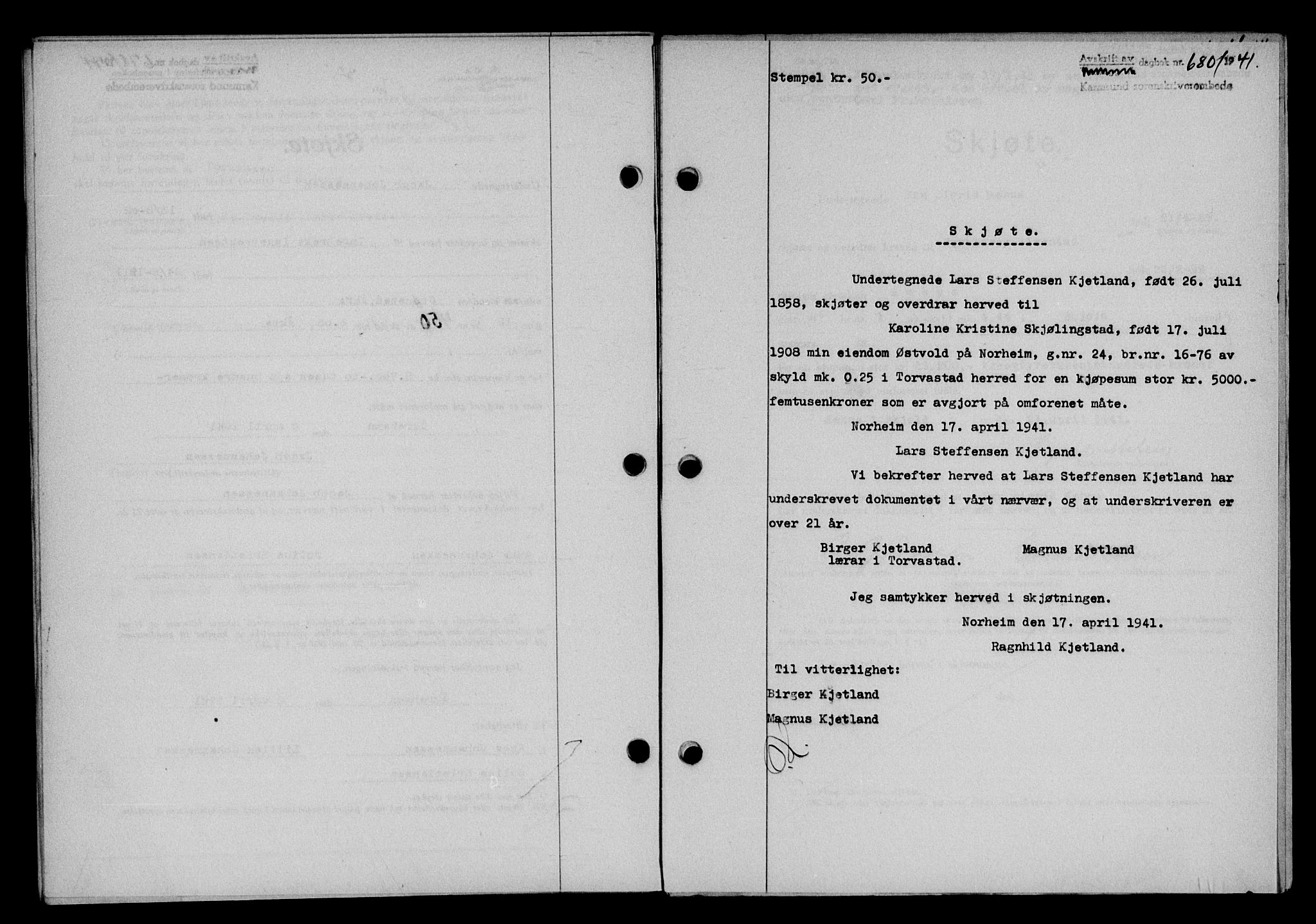 Karmsund sorenskriveri, SAST/A-100311/01/II/IIB/L0075: Pantebok nr. 56A, 1941-1941, Dagboknr: 680/1941