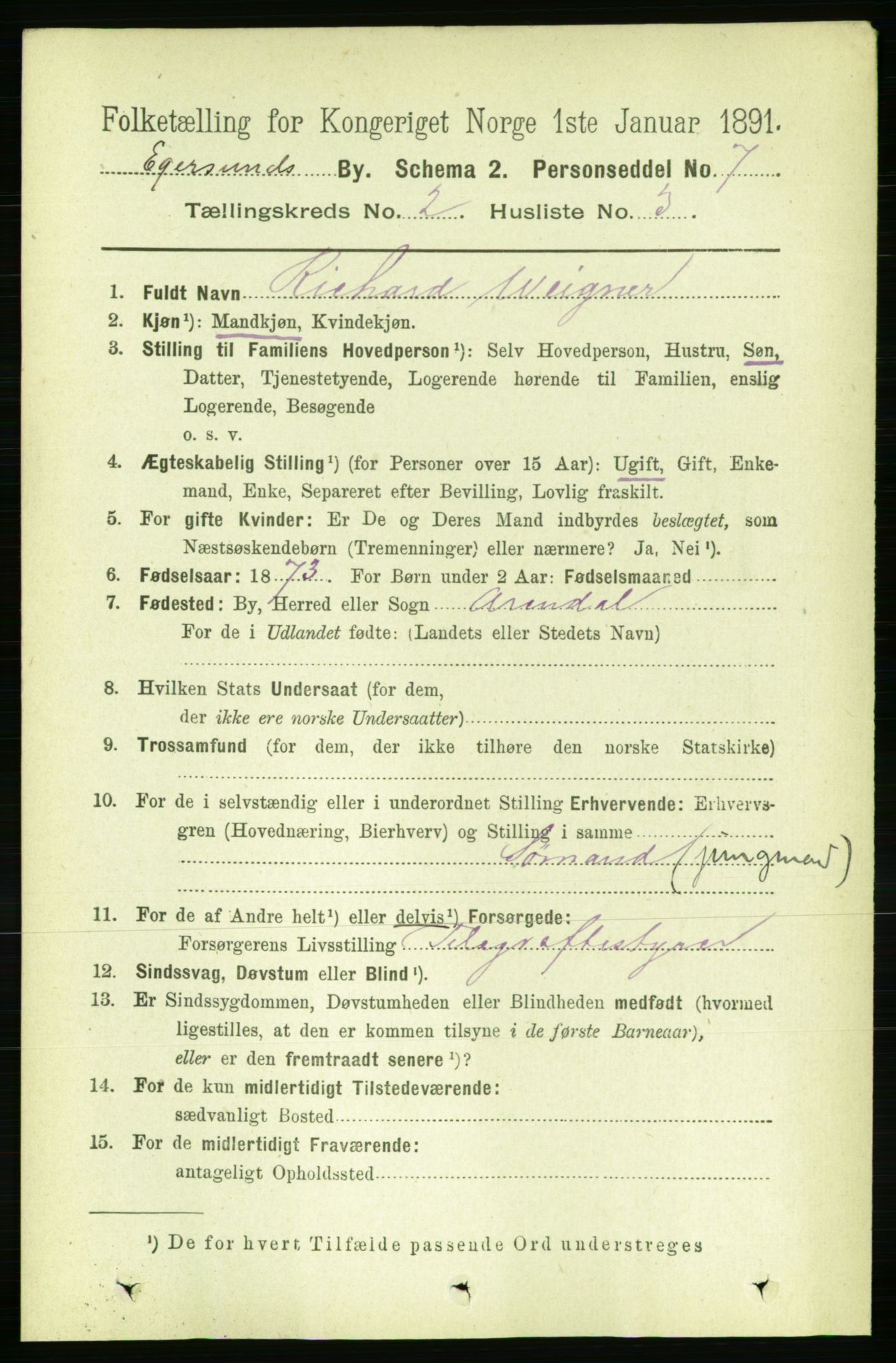 RA, Folketelling 1891 for 1101 Egersund ladested, 1891, s. 250