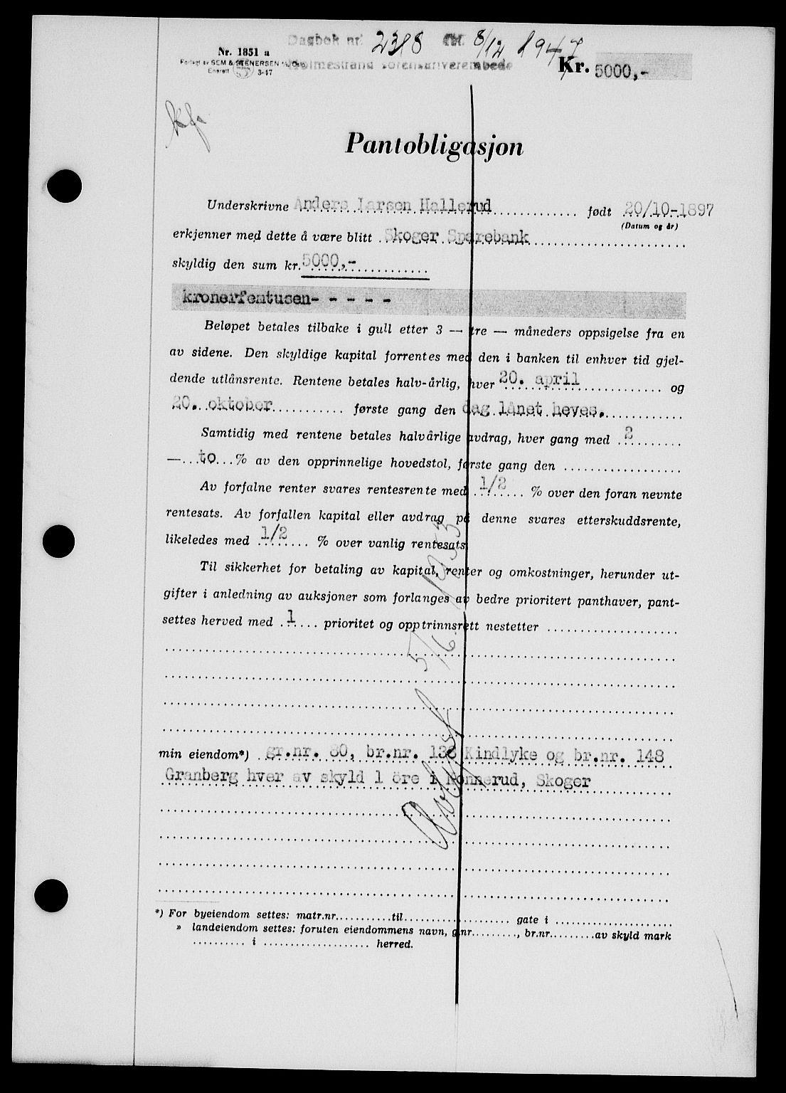 Holmestrand sorenskriveri, SAKO/A-67/G/Ga/Gab/L0058: Pantebok nr. B-58, 1947-1948, Dagboknr: 2318/1947