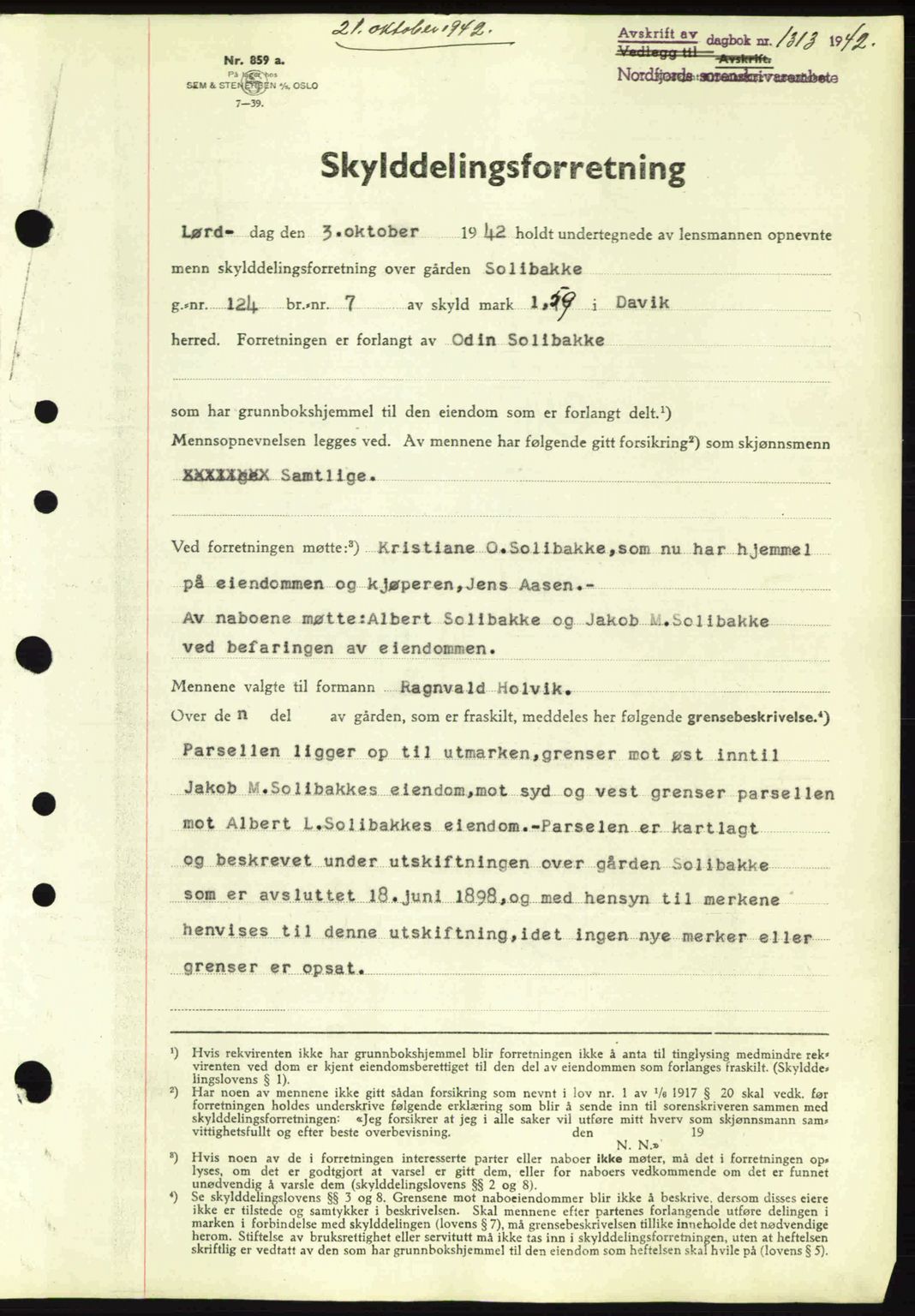 Nordfjord sorenskriveri, SAB/A-2801/02/02b/02bj/L0007: Pantebok nr. A7, 1941-1943, Dagboknr: 1313/1942