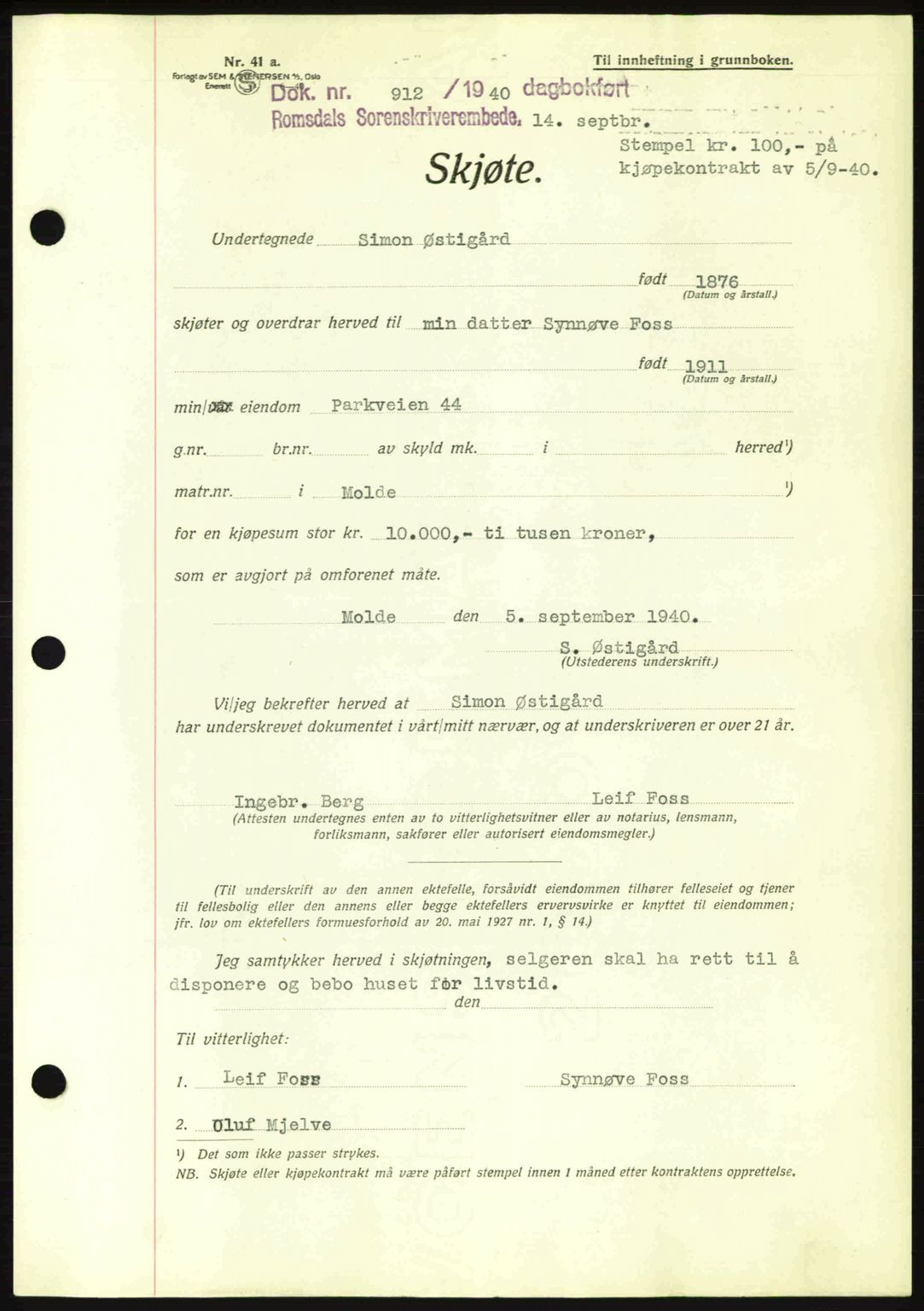 Romsdal sorenskriveri, AV/SAT-A-4149/1/2/2C: Pantebok nr. A8, 1939-1940, Dagboknr: 912/1940