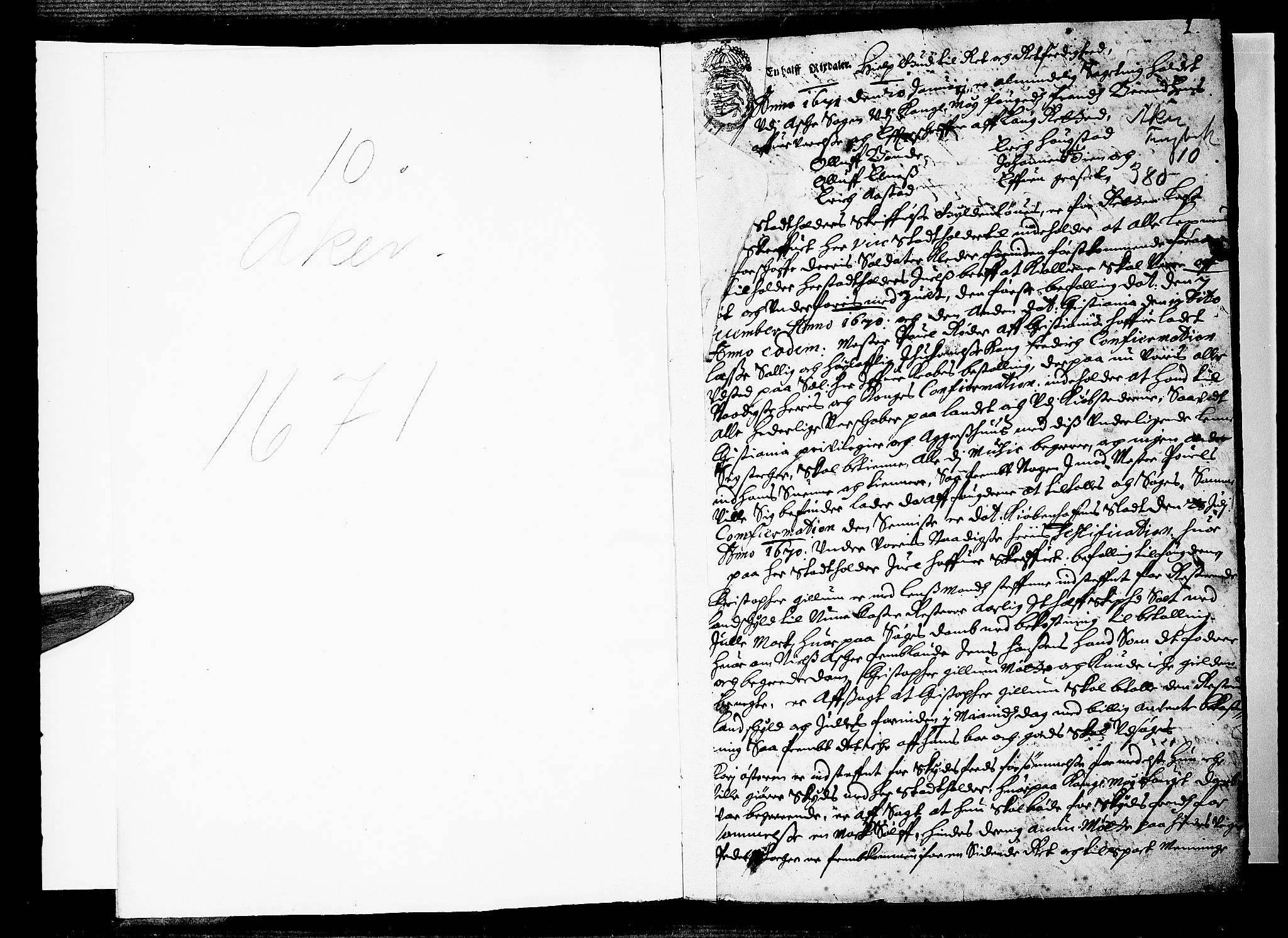 Aker sorenskriveri, AV/SAO-A-10895/F/Fb/L0002/0010: Tingbøker, nr. 6-11 / Tingbok nr. 10, 1671, s. 0b-1a