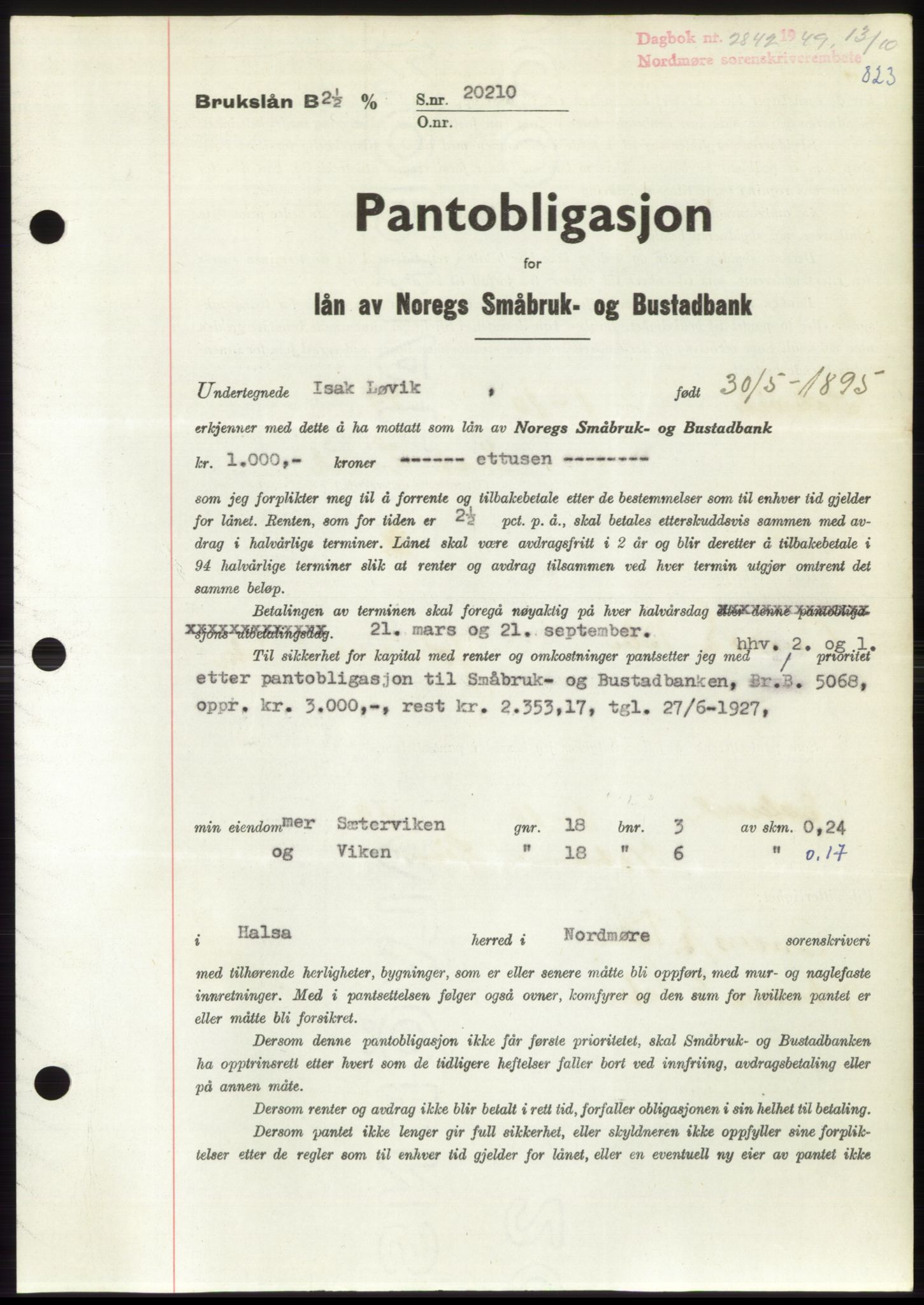 Nordmøre sorenskriveri, SAT/A-4132/1/2/2Ca: Pantebok nr. B102, 1949-1949, Dagboknr: 2842/1949