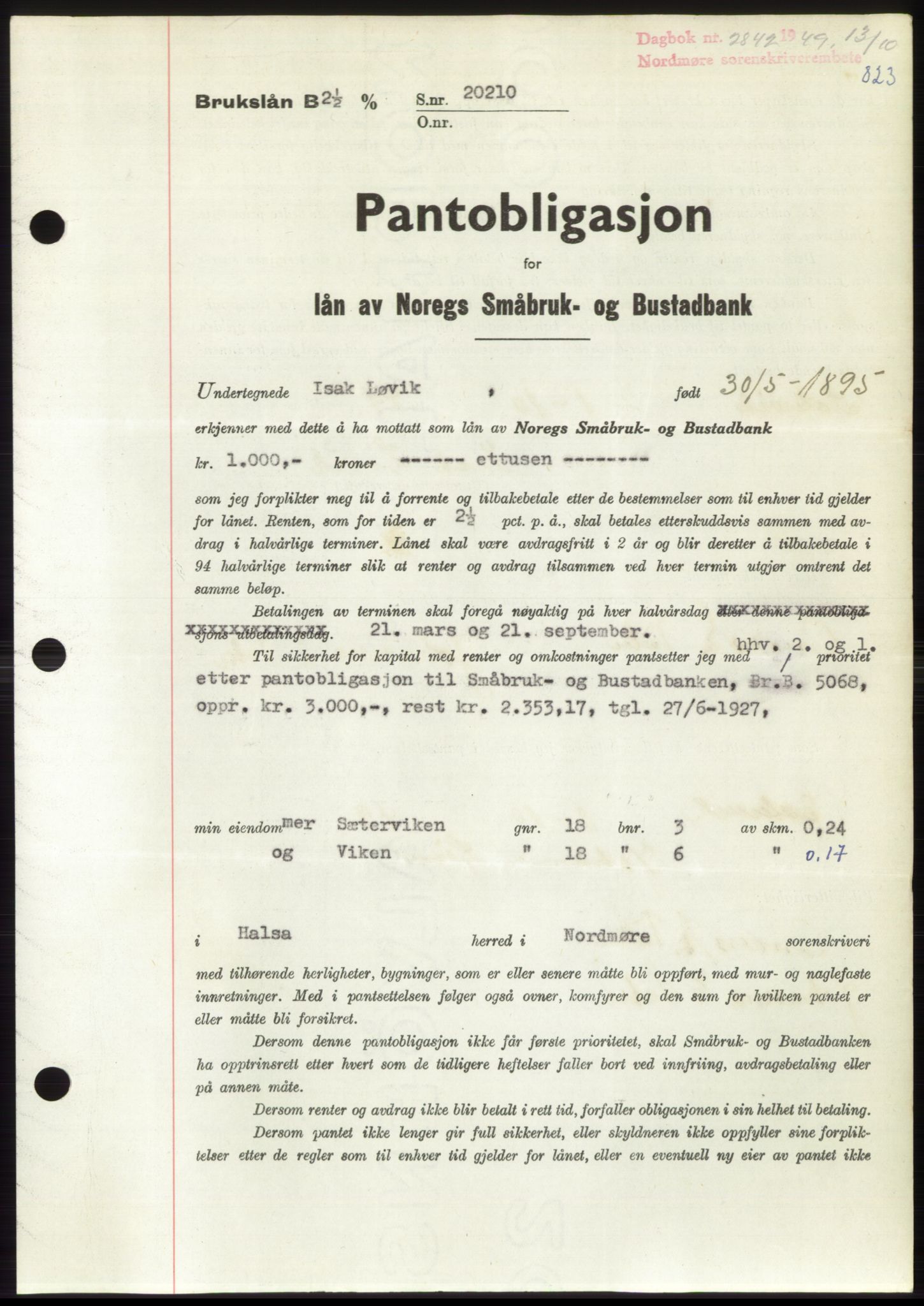 Nordmøre sorenskriveri, AV/SAT-A-4132/1/2/2Ca: Pantebok nr. B102, 1949-1949, Dagboknr: 2842/1949