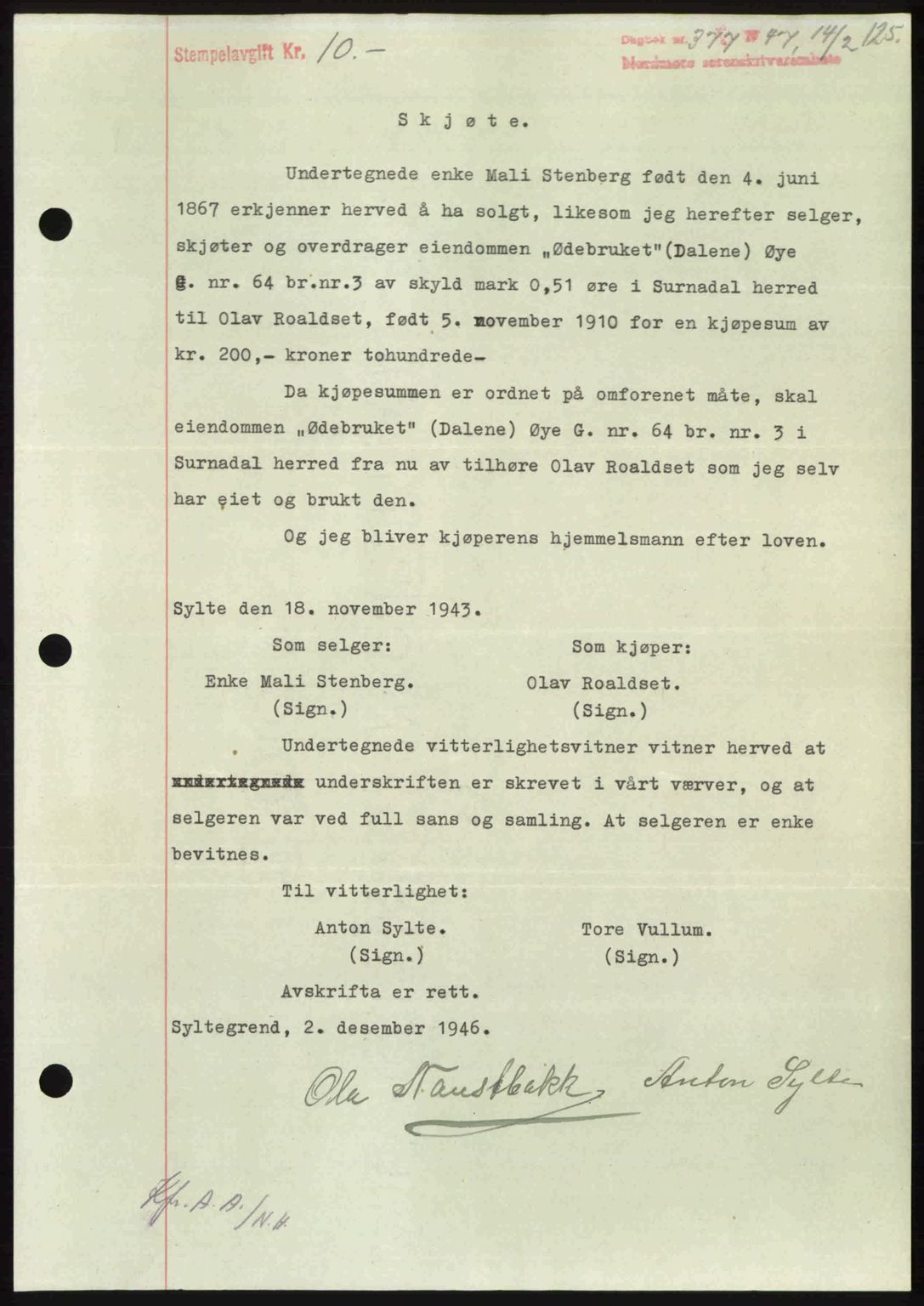 Nordmøre sorenskriveri, SAT/A-4132/1/2/2Ca: Pantebok nr. A104, 1947-1947, Dagboknr: 377/1947