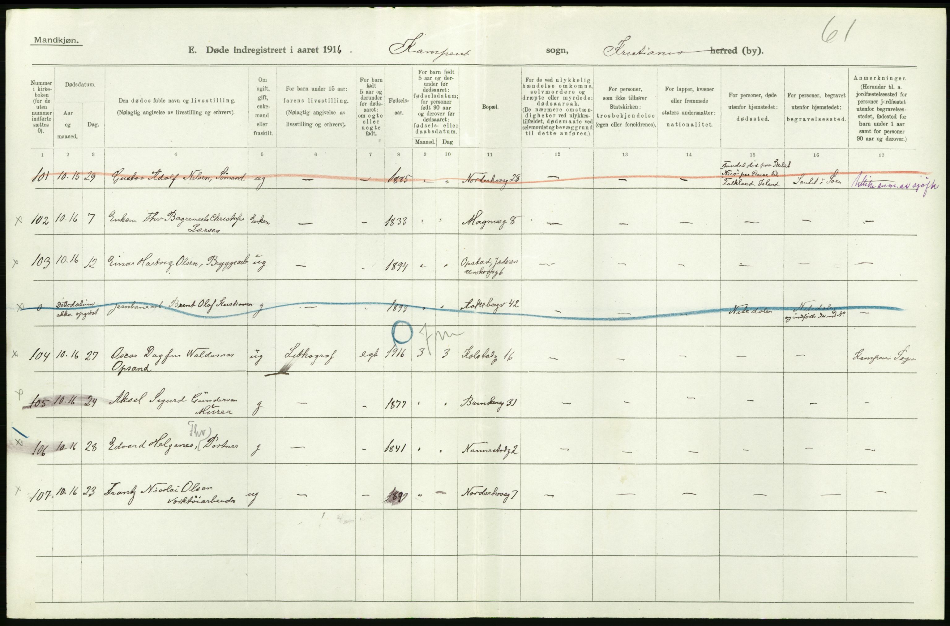 Statistisk sentralbyrå, Sosiodemografiske emner, Befolkning, RA/S-2228/D/Df/Dfb/Dfbf/L0009: Kristiania: Døde., 1916, s. 184