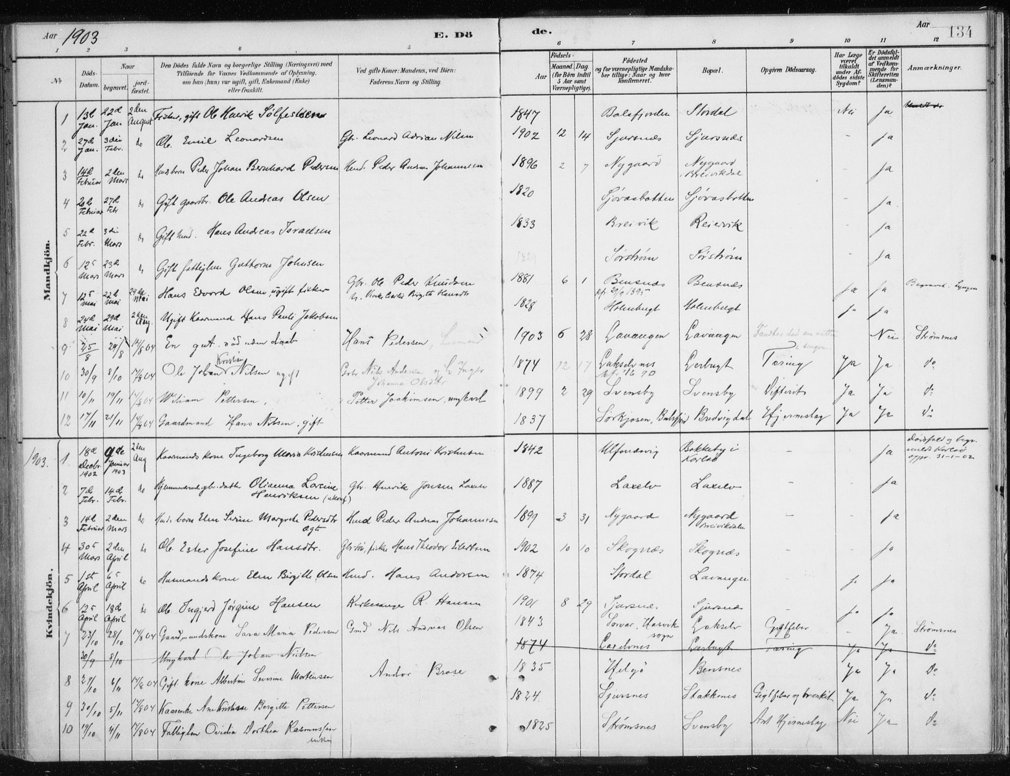 Lyngen sokneprestembete, AV/SATØ-S-1289/H/He/Hea/L0010kirke: Ministerialbok nr. 10, 1883-1904, s. 134