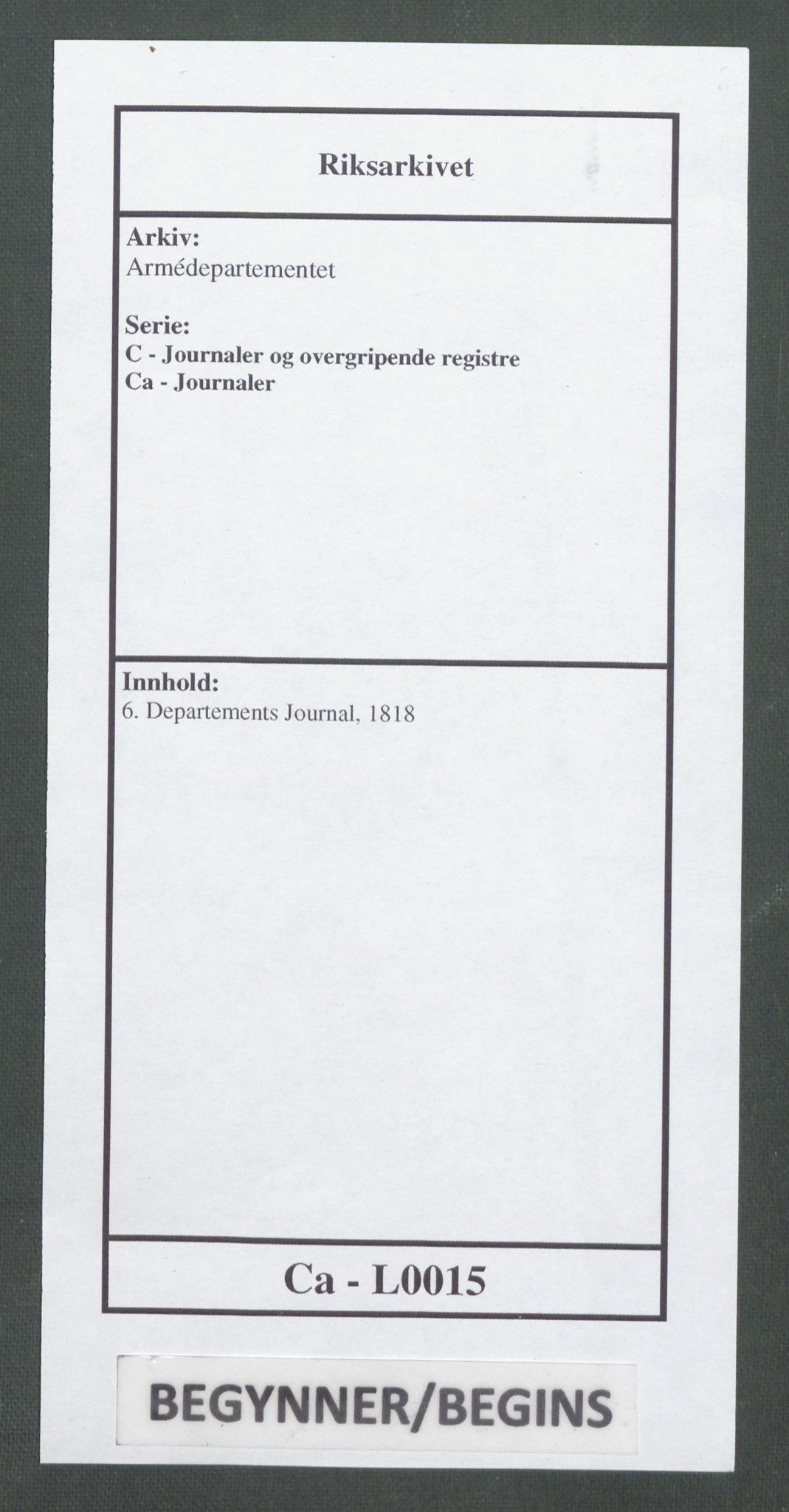 Armédepartementet, AV/RA-RAFA-3493/C/Ca/L0015: 6. Departements Journal, 1818