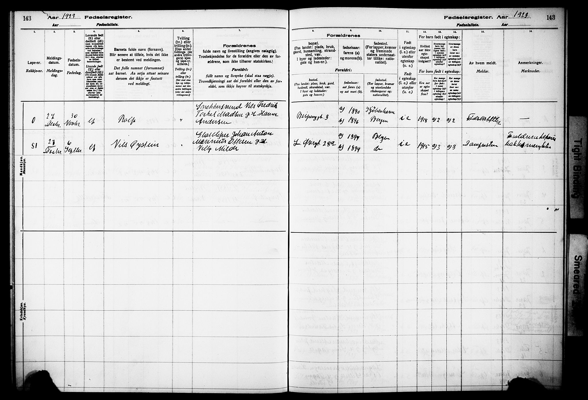 Korskirken sokneprestembete, AV/SAB-A-76101/I/Id/L00A1: Fødselsregister nr. A 1, 1916-1929, s. 143