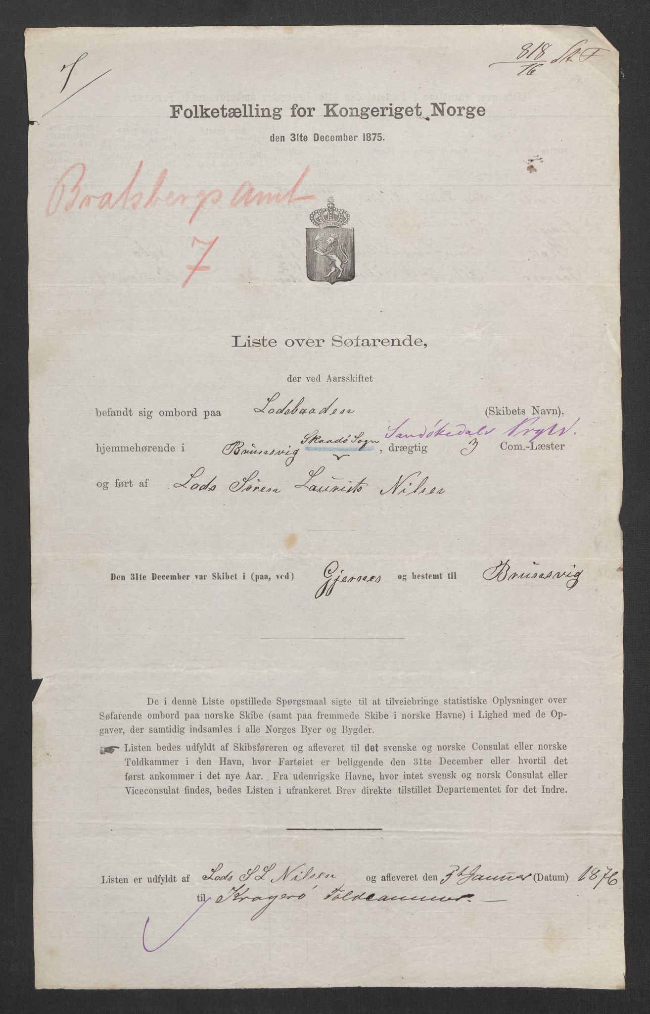 RA, Folketelling 1875, skipslister: Skip i innenrikske havner, hjemmehørende i 1) landdistrikter, 2) forskjellige steder, 3) utlandet, 1875, s. 26