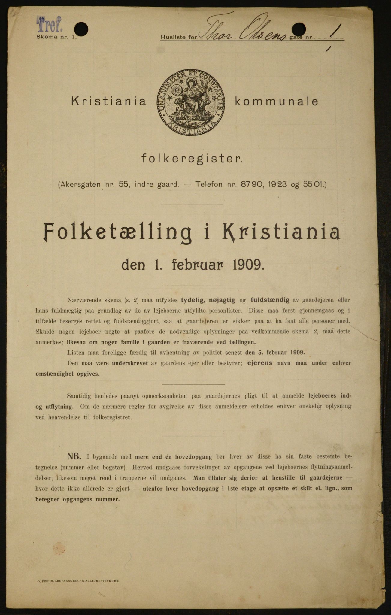 OBA, Kommunal folketelling 1.2.1909 for Kristiania kjøpstad, 1909, s. 99002