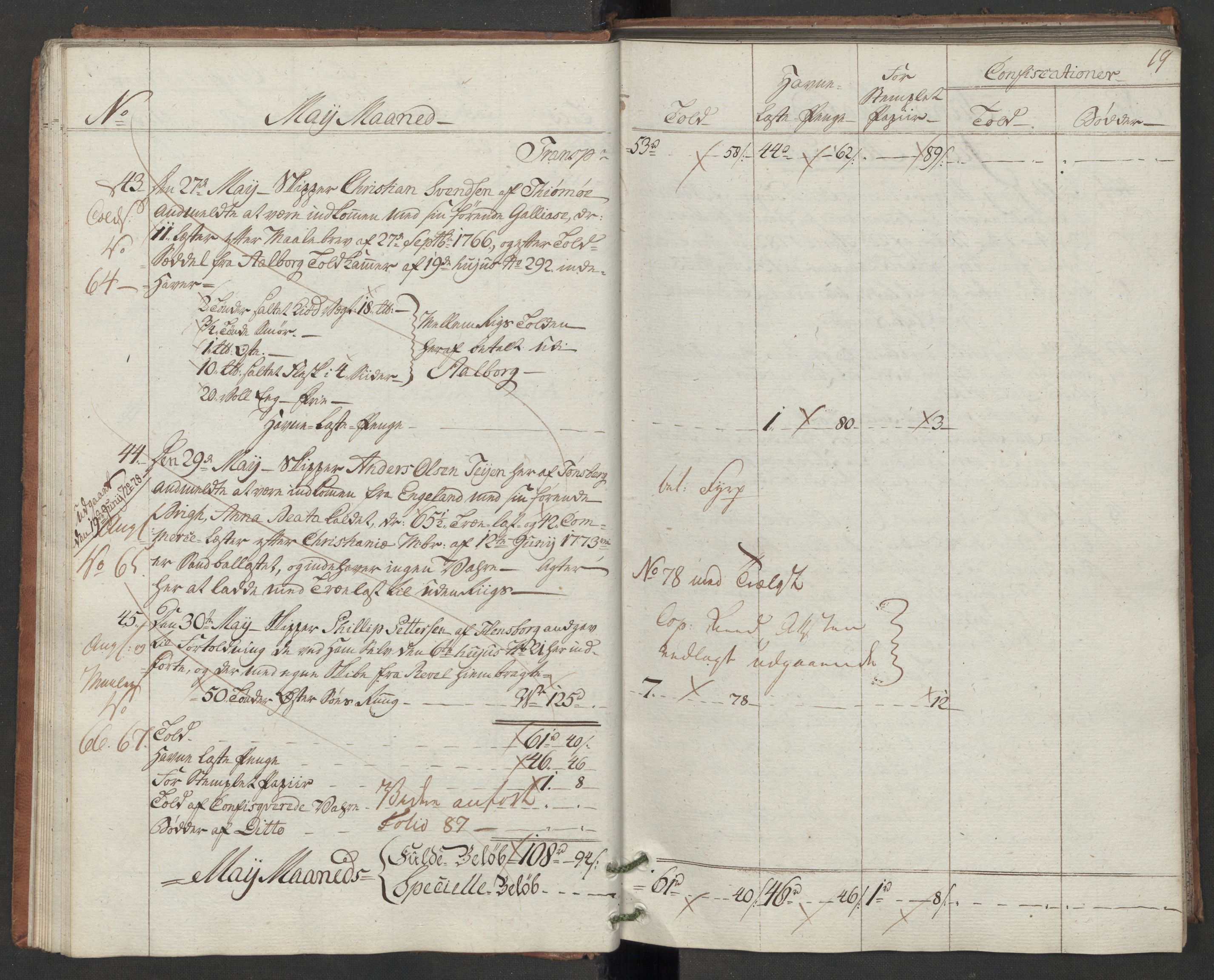 Generaltollkammeret, tollregnskaper, AV/RA-EA-5490/R10/L0048/0001: Tollregnskaper Tønsberg / Inngående hovedtollbok, 1786, s. 18b-19a