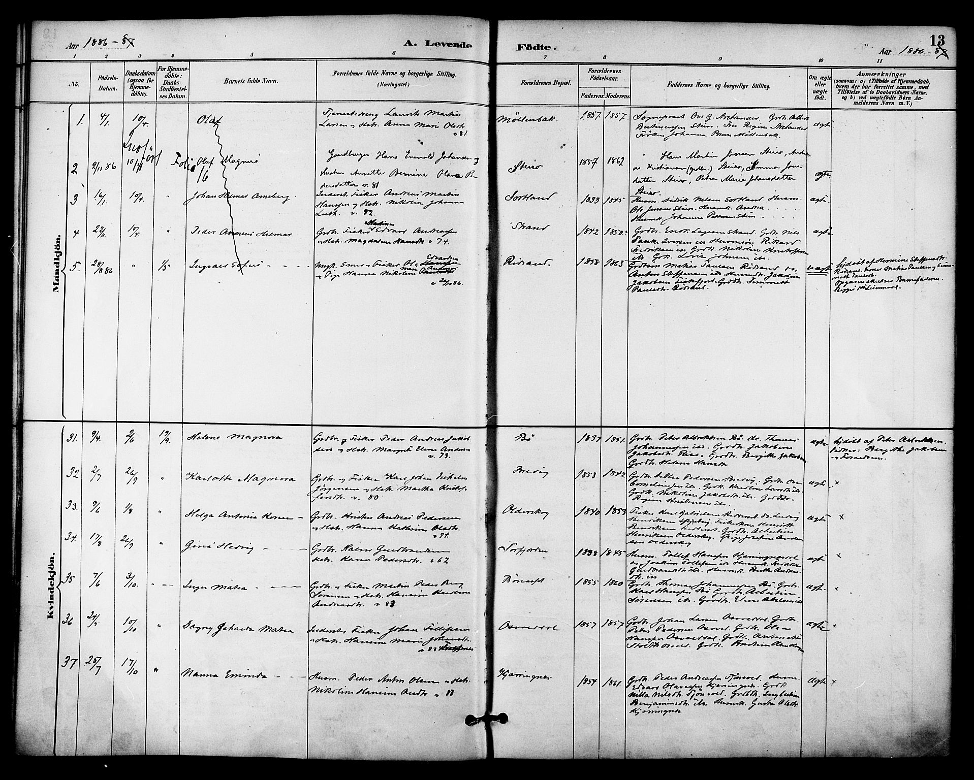 Ministerialprotokoller, klokkerbøker og fødselsregistre - Nordland, SAT/A-1459/895/L1371: Ministerialbok nr. 895A06, 1885-1894, s. 13