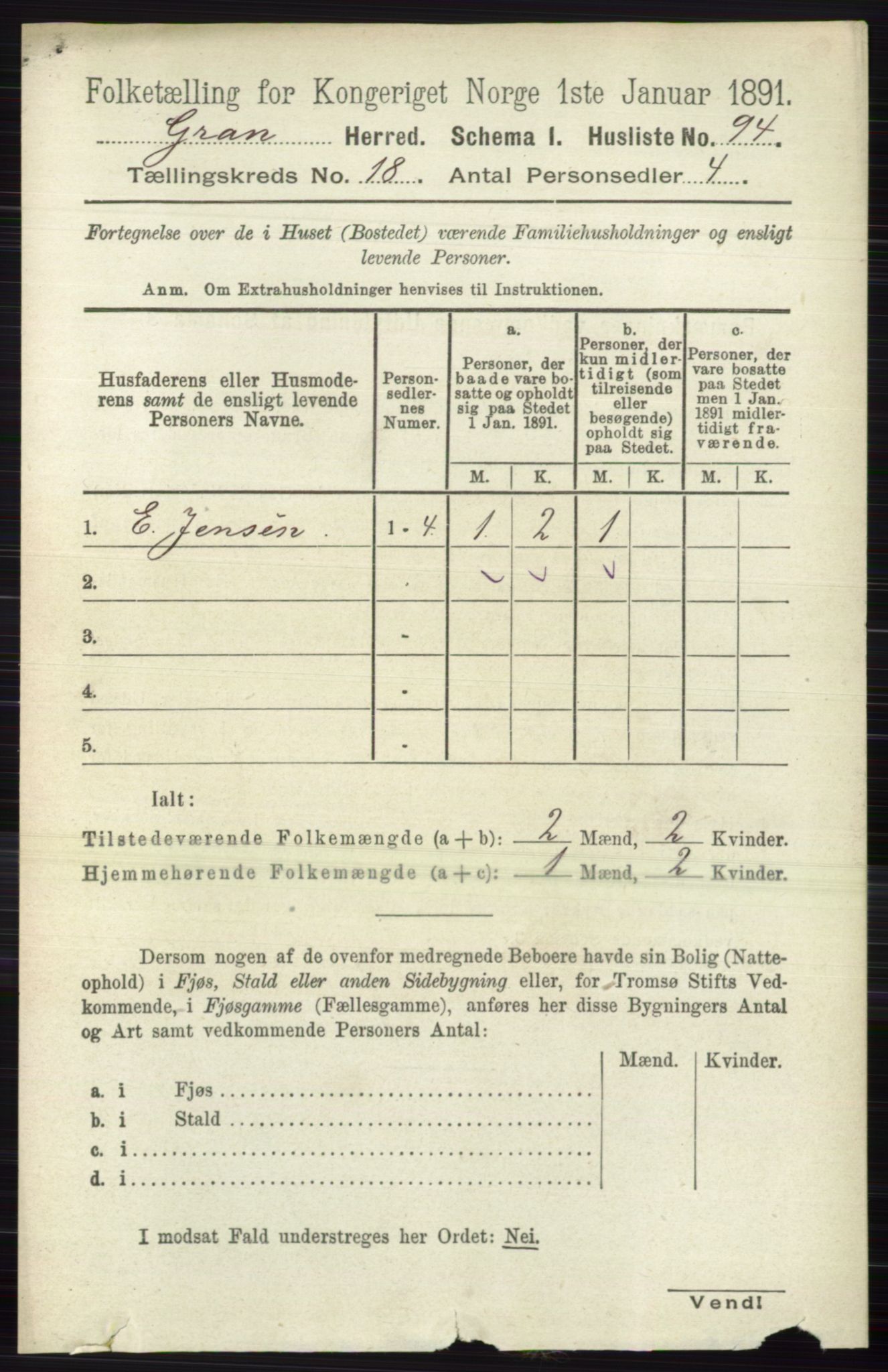 RA, Folketelling 1891 for 0534 Gran herred, 1891, s. 9533