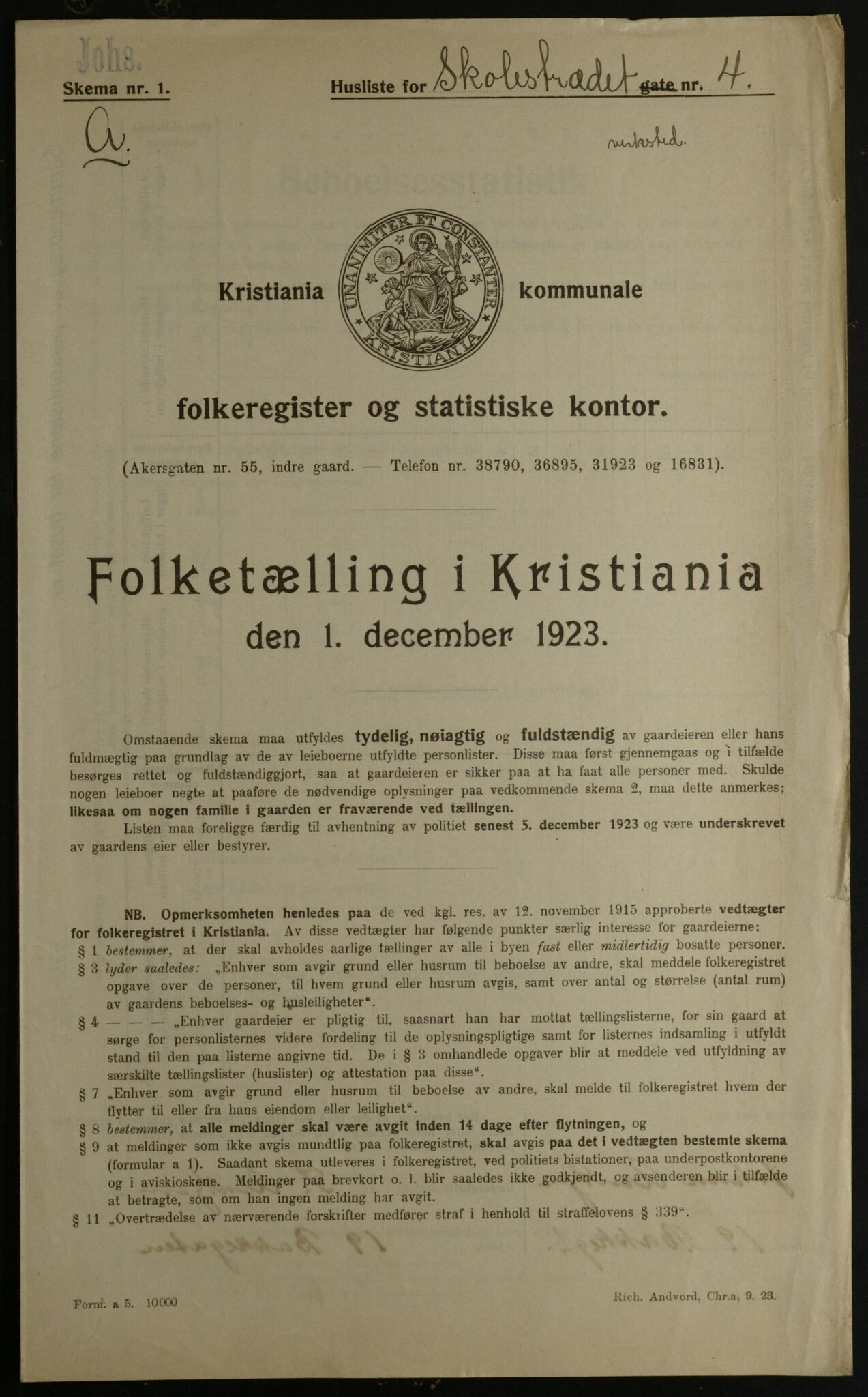 OBA, Kommunal folketelling 1.12.1923 for Kristiania, 1923, s. 106458