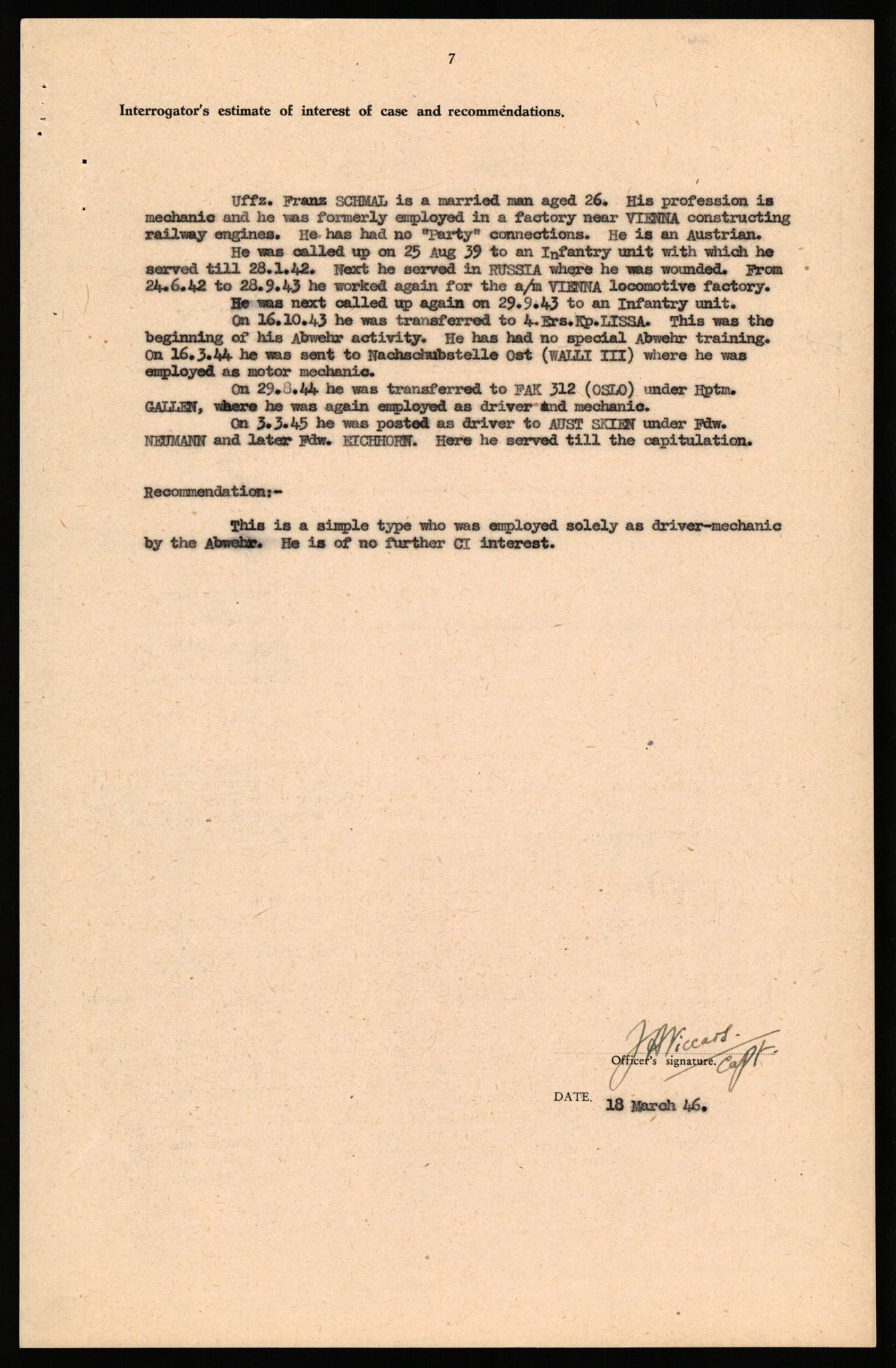 Forsvaret, Forsvarets overkommando II, AV/RA-RAFA-3915/D/Db/L0040: CI Questionaires. Tyske okkupasjonsstyrker i Norge. Østerrikere., 1945-1946, s. 181