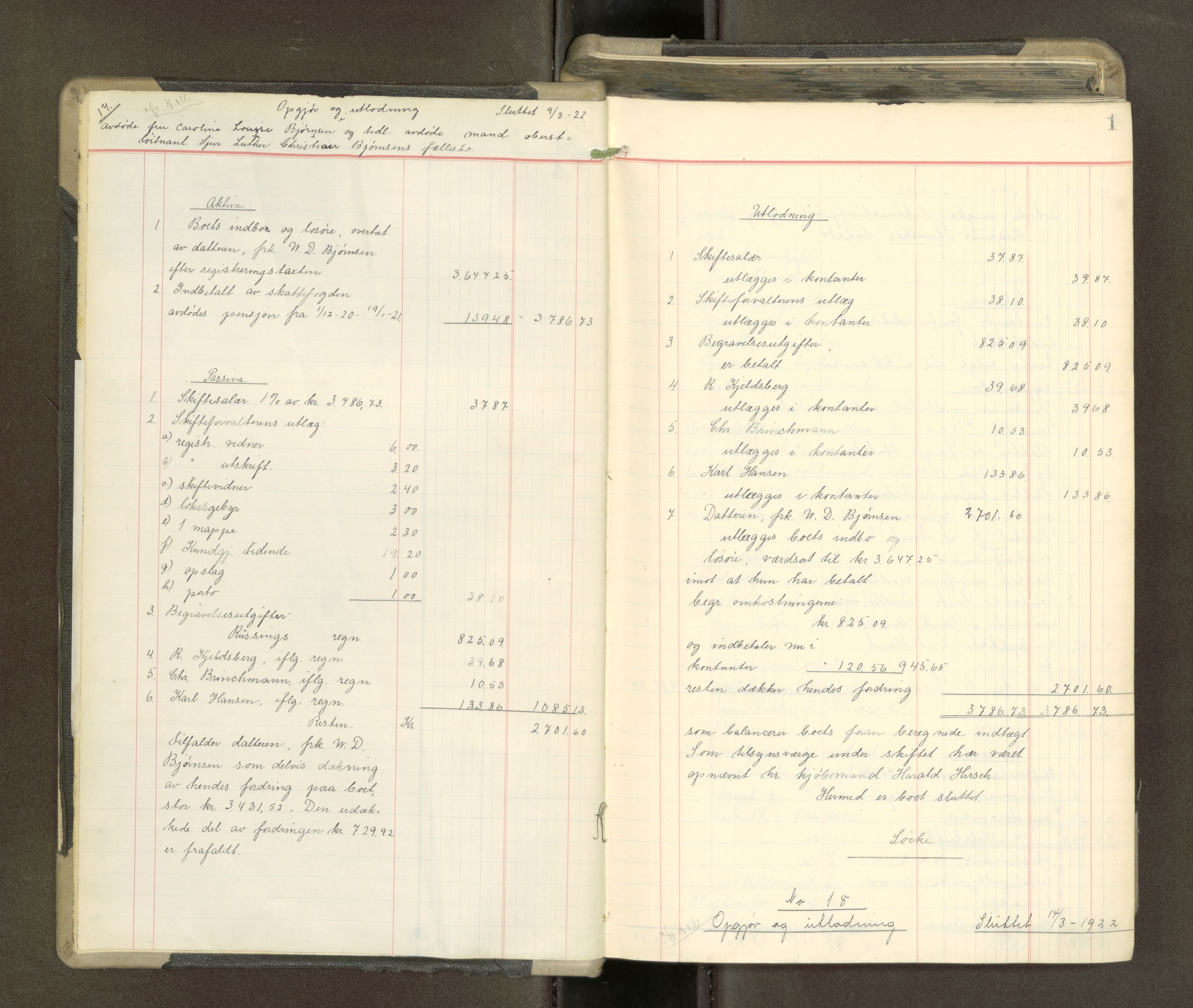 Trondheim byfogd, AV/SAT-A-0003/1/3/3A/L0044: Skifteutlodningsprotokoll - 9/3-30/11. (m/ register), 1922-1923, s. 1