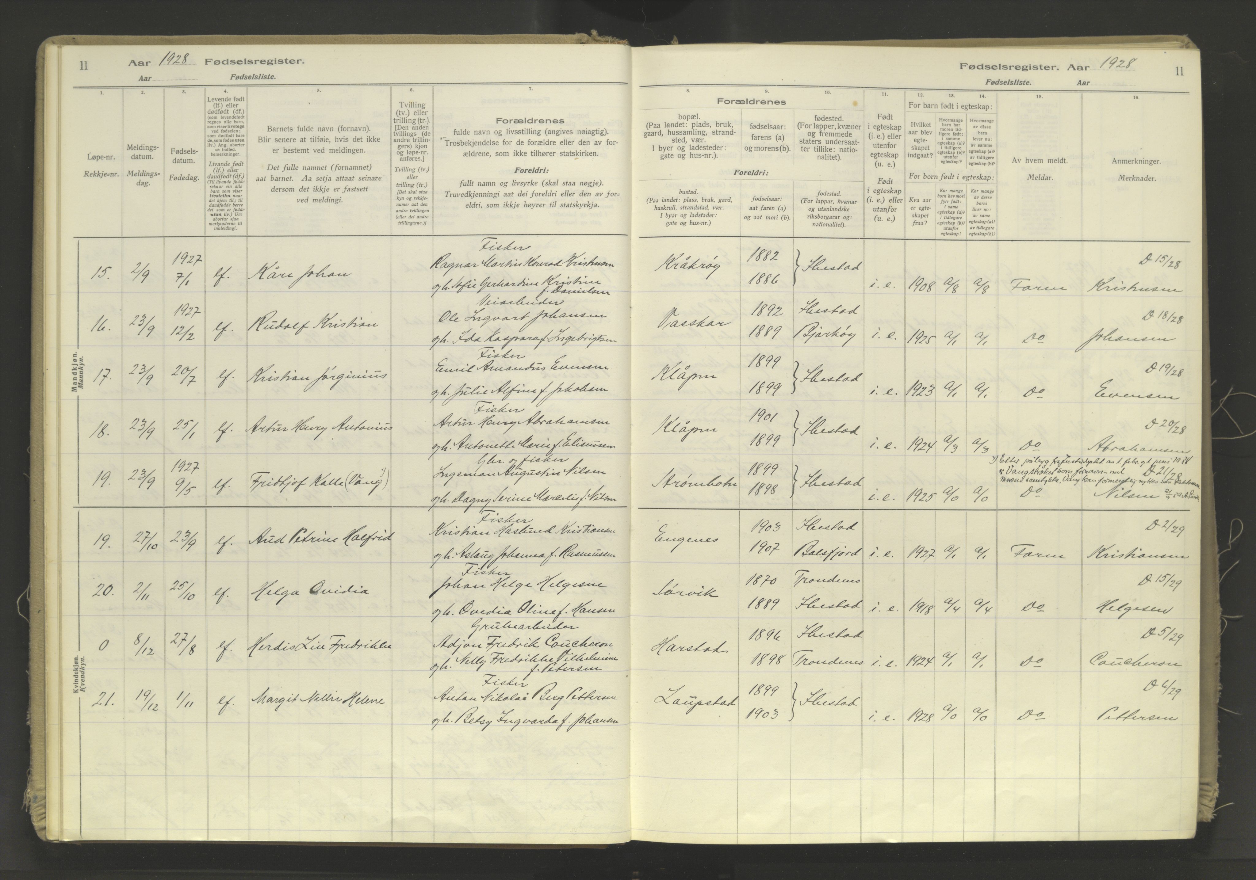 Ibestad sokneprestembete, AV/SATØ-S-0077/I/Ic/L0063: Fødselsregister nr. 63, 1926-1982, s. 11