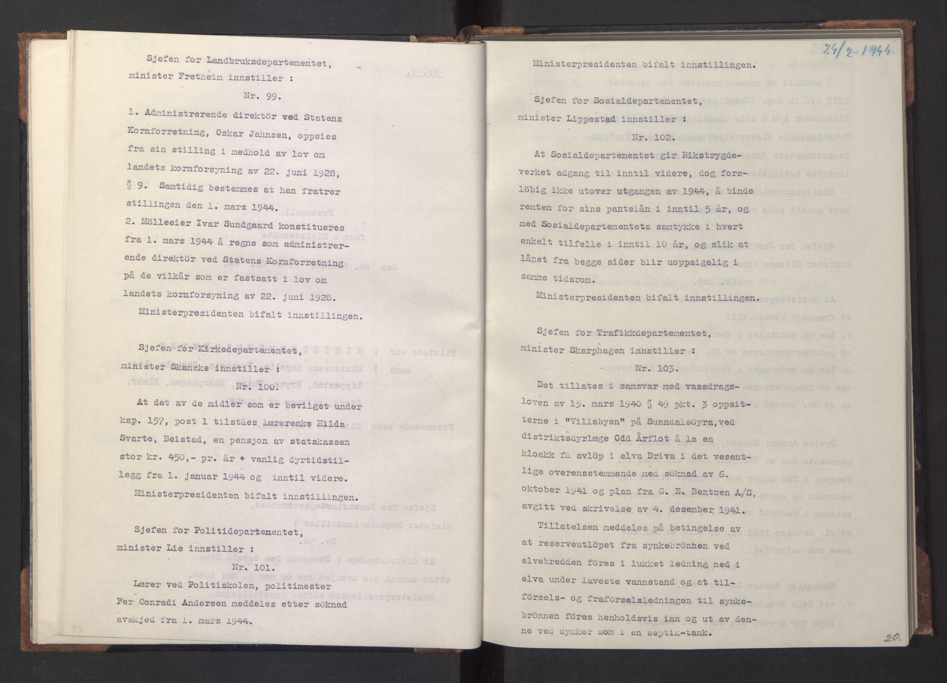 NS-administrasjonen 1940-1945 (Statsrådsekretariatet, de kommisariske statsråder mm), RA/S-4279/D/Da/L0005: Protokoll fra ministermøter, 1944, s. 22