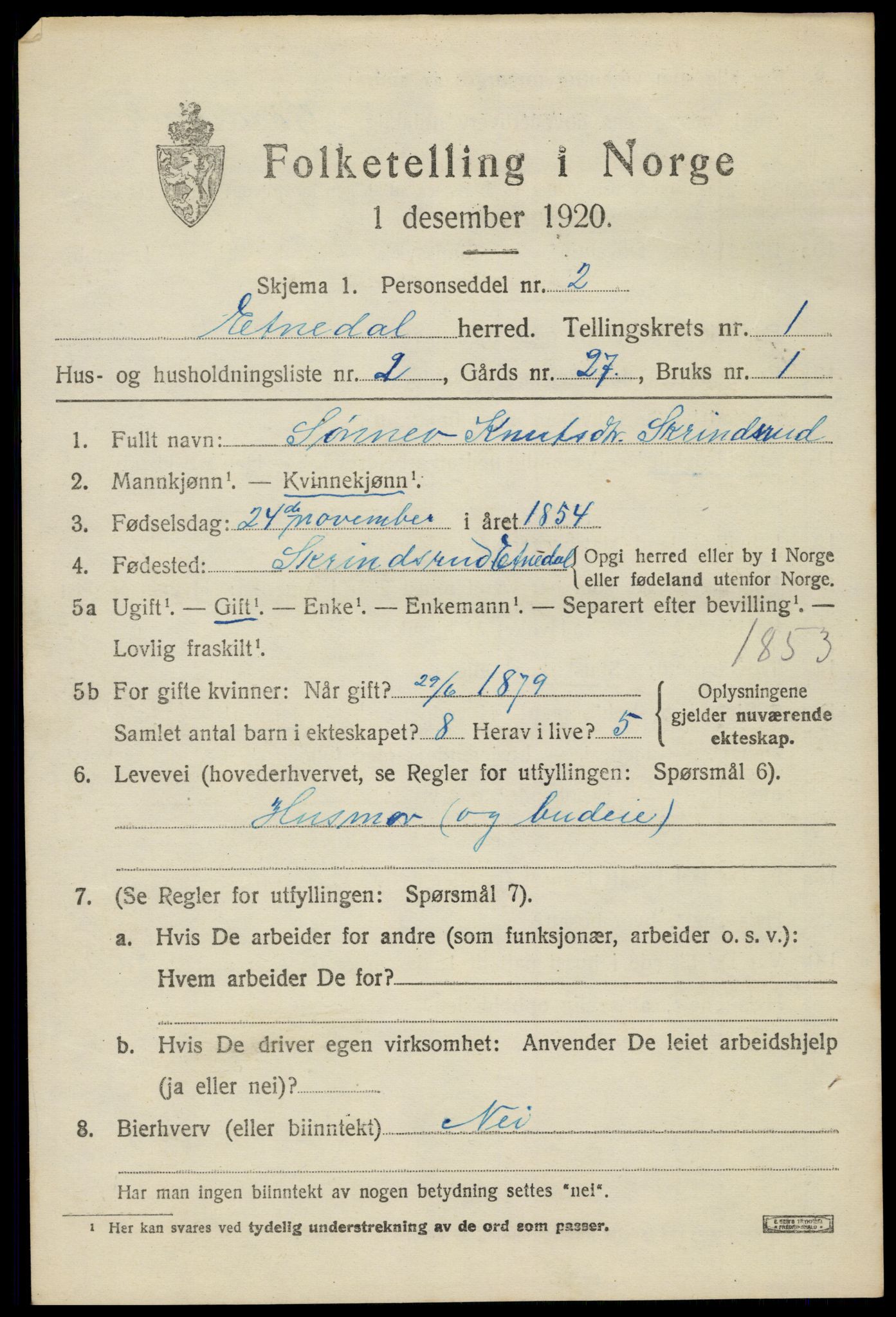 SAH, Folketelling 1920 for 0541 Etnedal herred, 1920, s. 804