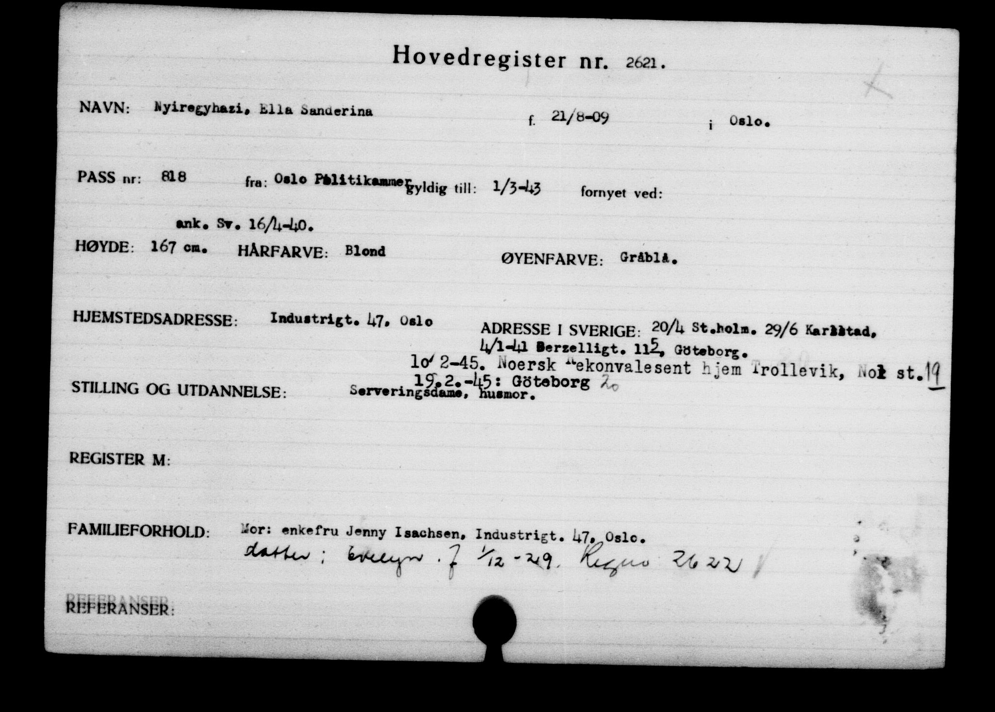 Utenriksstasjonene, Legasjonen i Stockholm, Flyktningkontoret, AV/RA-S-6753/V/Va/L0003: Kjesäterkartoteket, flyktninger med registreringsnr. 2001-3495, 1940-1945, s. 979