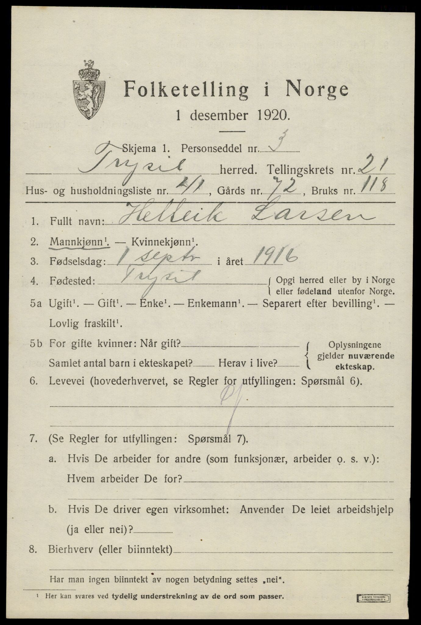 SAH, Folketelling 1920 for 0428 Trysil herred, 1920, s. 14263